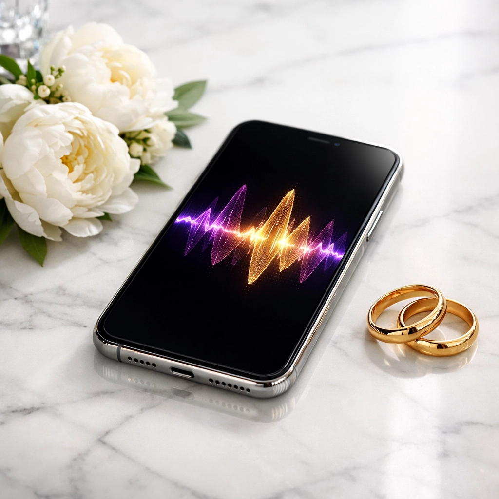 A smartphone displaying a custom song waveform next to elegant wedding rings and anniversary flowers.