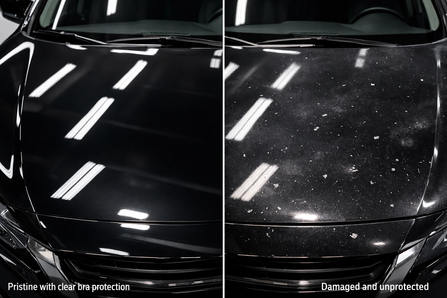 Protected vs unprotected car paint comparison showing clear bra PPF prevents rock chips and fading