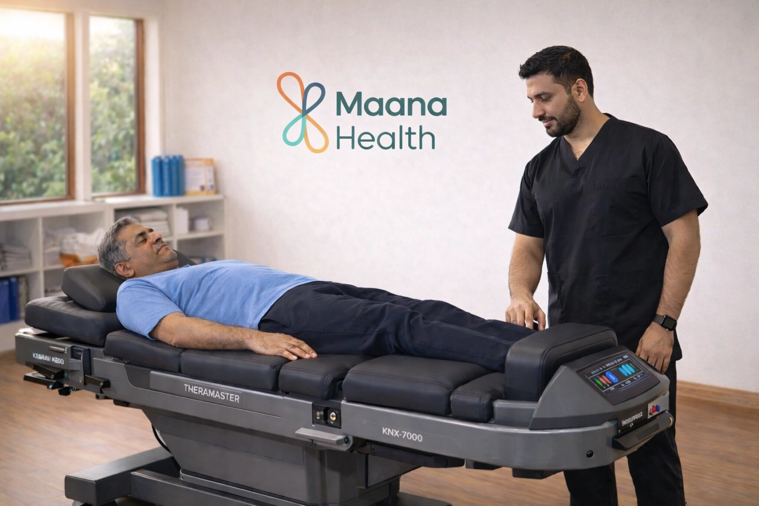 Patient and therapist at an advanced physiotherapy clinic in Perinthalmanna using spinal decompression technology.