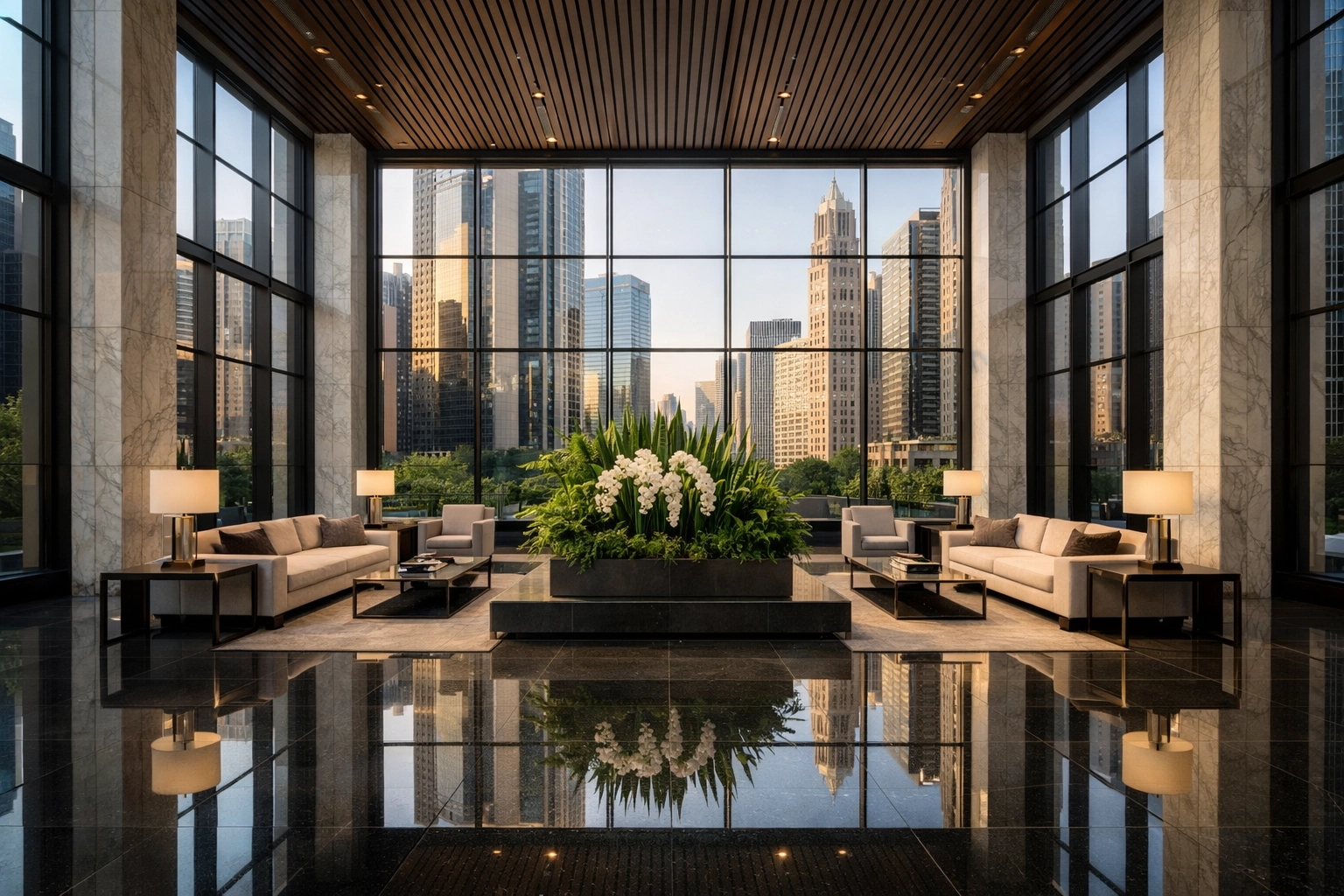 Immaculate luxury apartment lobby in Chicago showcasing professional property management cleaning.