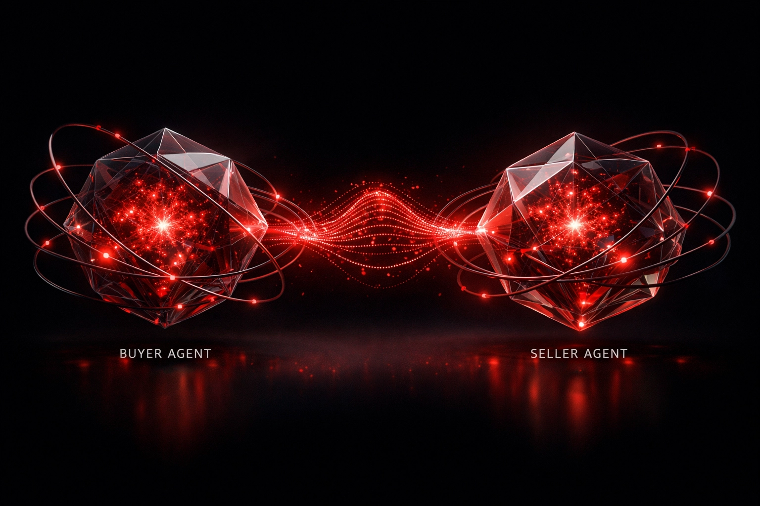 Pulsing red data filaments connecting two nodes to symbolize an autonomous B2B digital handshake.