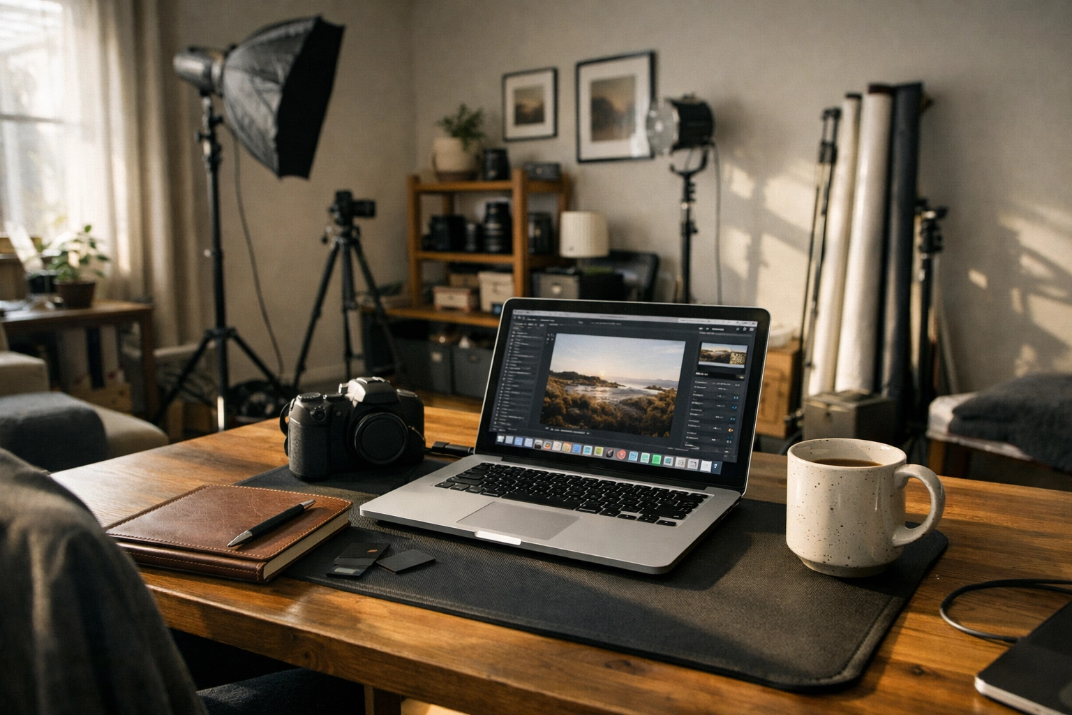 A modern home studio workspace for a freelance photographer looking for professional photography jobs.