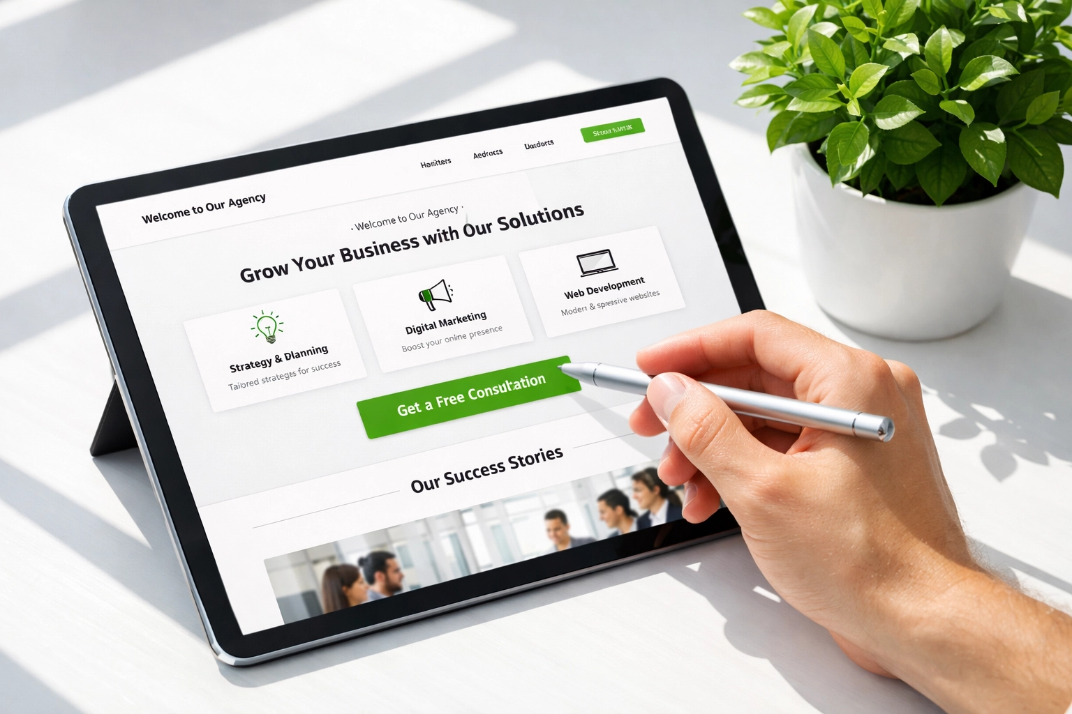 User navigating a professional website redesign on a tablet to demonstrate intuitive information architecture.