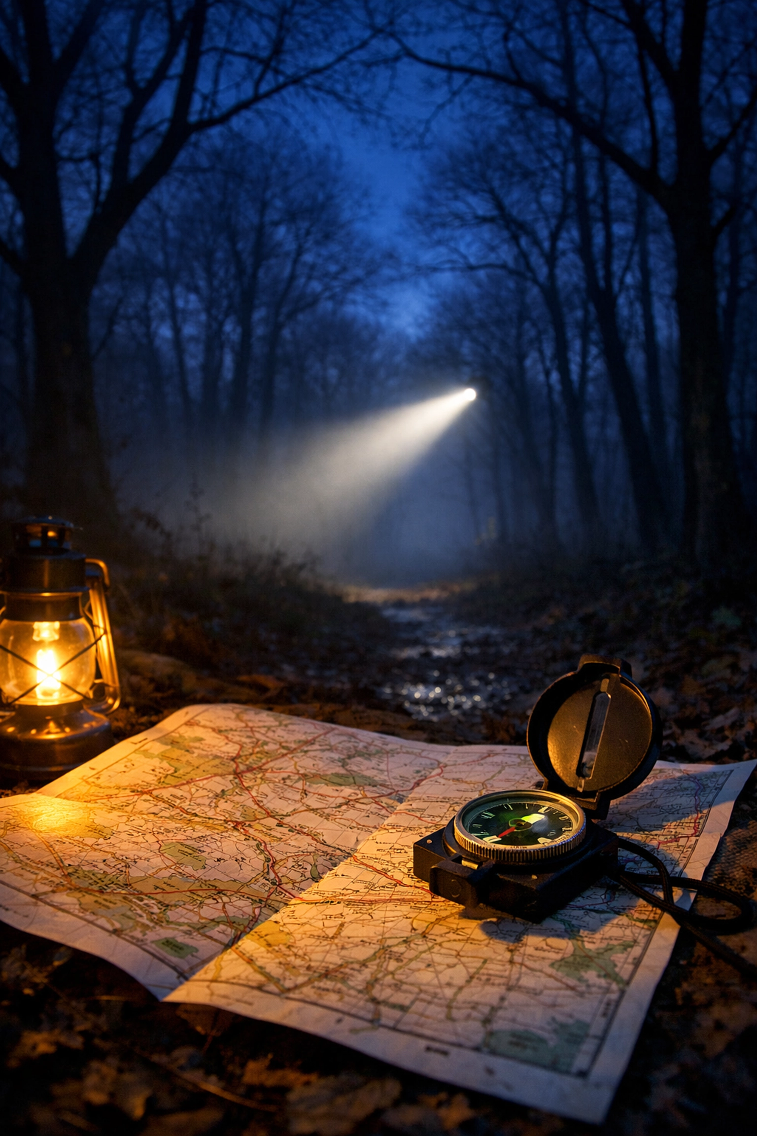 Night navigation with headlamp and compass during UK winter camping