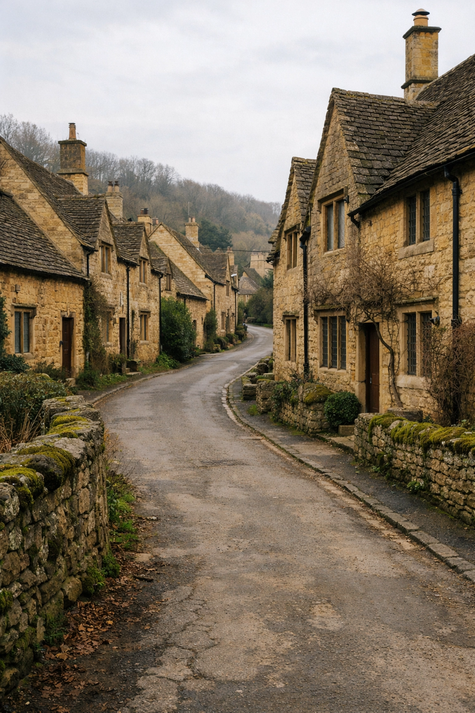 Quiet street in Stanton village featuring historic honey-colored Cotswold stone cottages and no traffic.