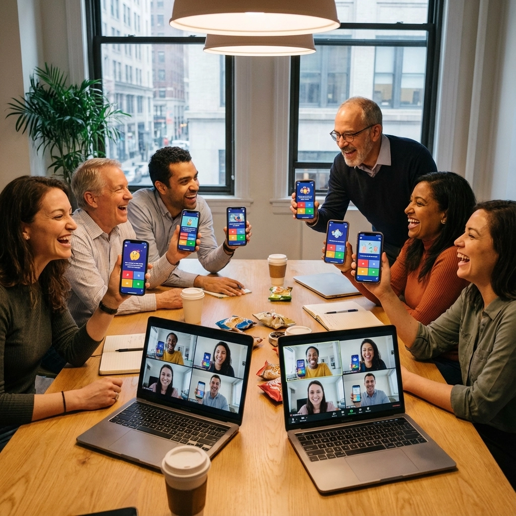 Group of people around a board room table playing an online quiz on their smart phones.