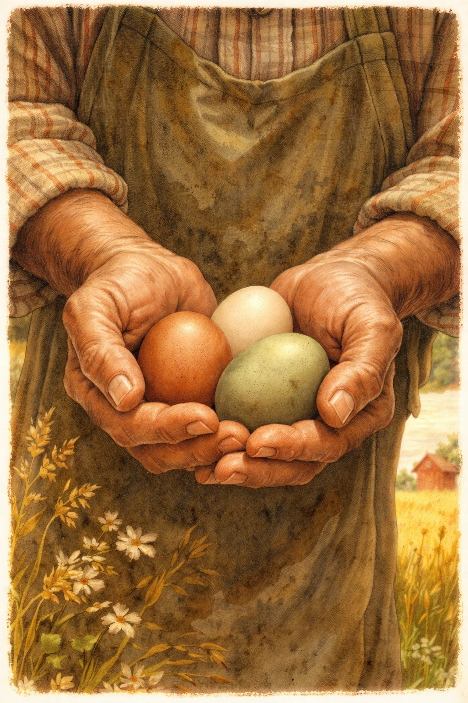 Farmer’s hands holding brown, white, and green eggs with a pastoral farm in the background, showing egg diversity.