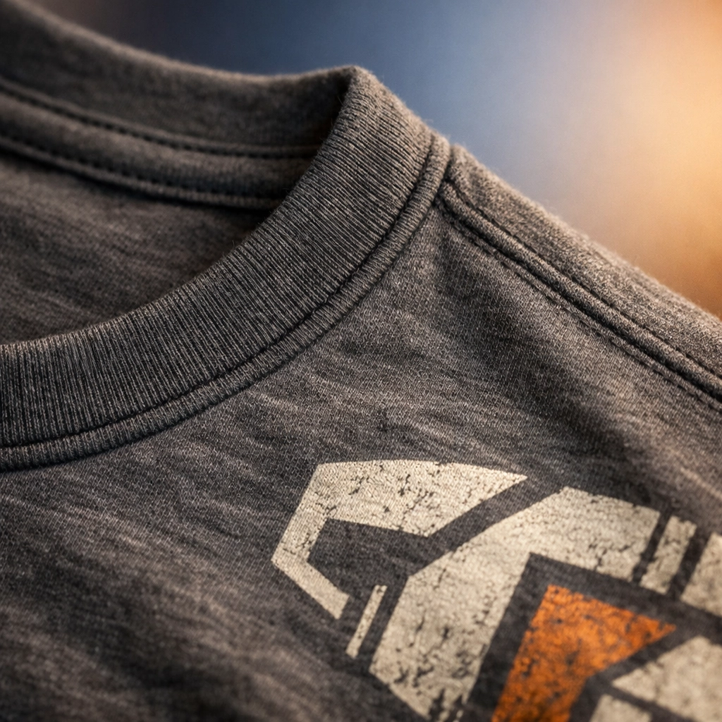 Close-up of a premium ringspun cotton t-shirt highlighting soft texture and durable retail fit for event merch.