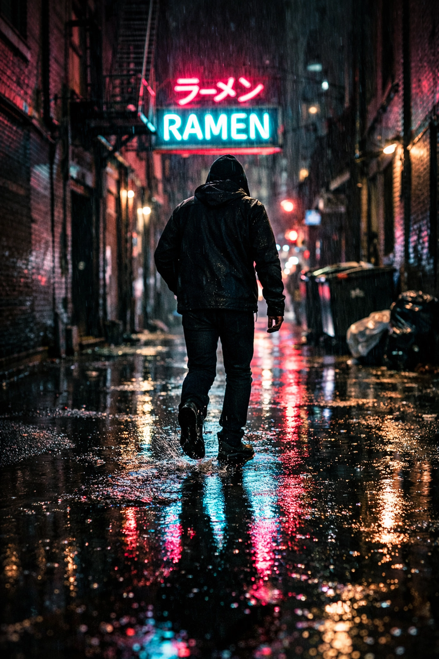 Moody street photography ideas showing a person walking through neon lights in a rainy city alley.