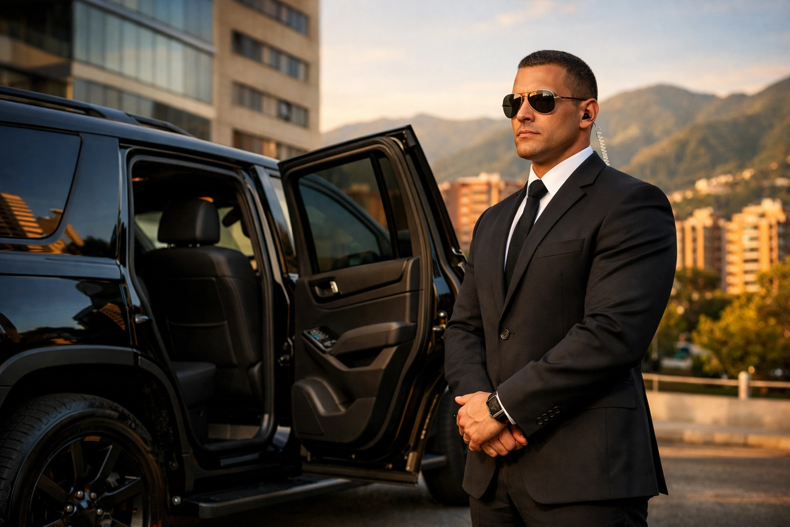 Professional security chauffeur with armored SUV in Medellin providing VIP protection services