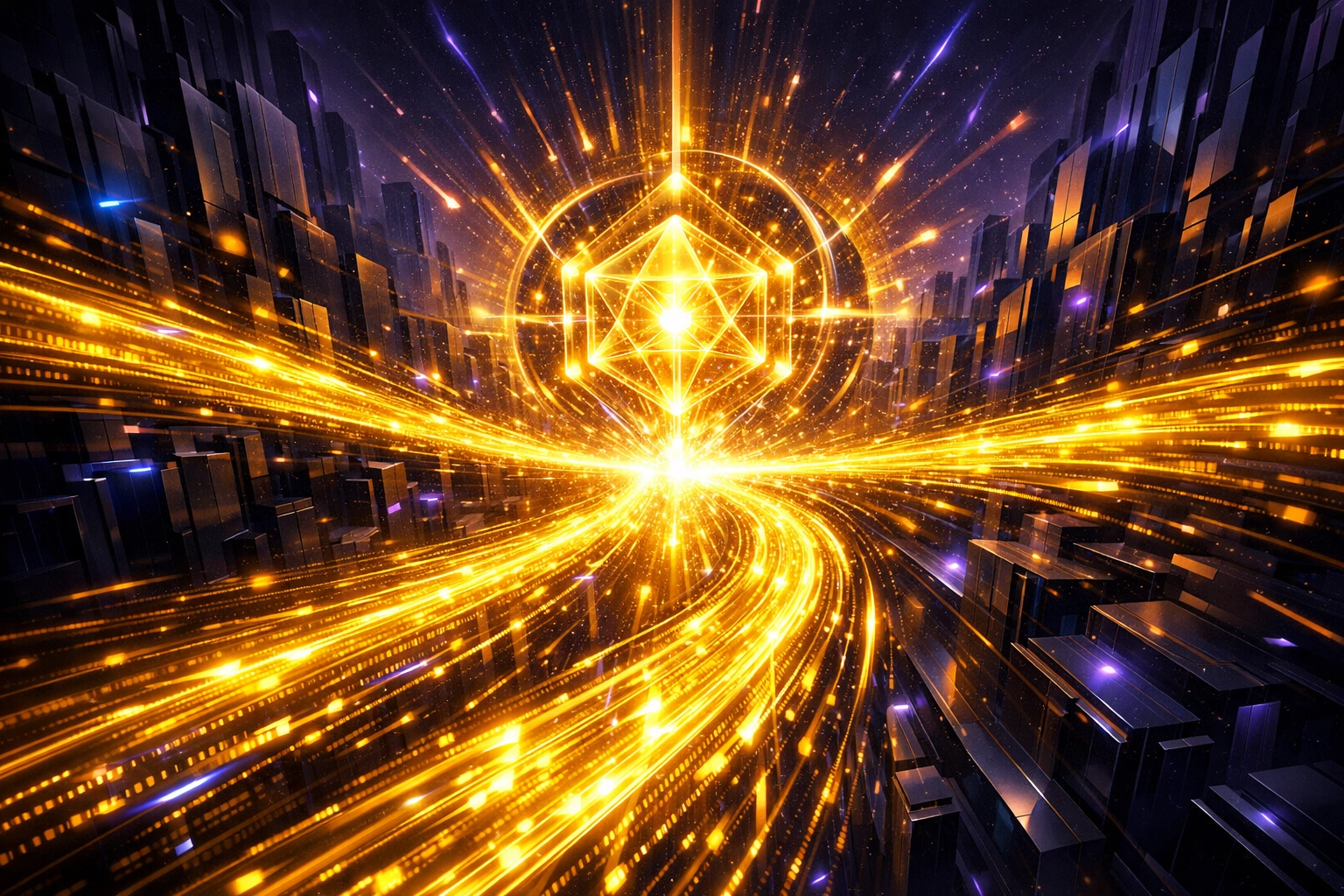 High-speed data streams flowing into a core representing AI-ready software architecture pipelines.