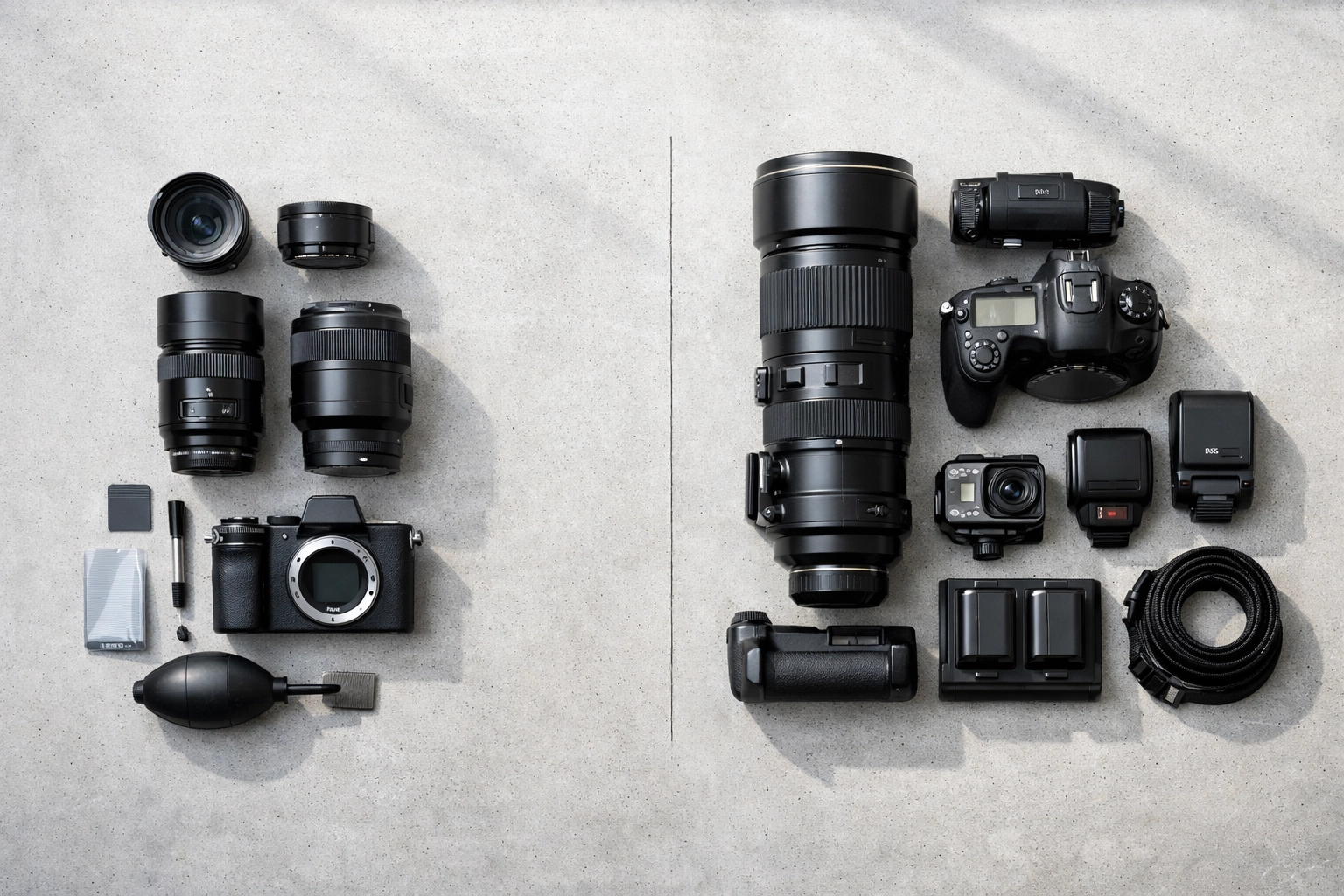 A flat lay of professional photography equipment used in camera gear reviews and comparisons.