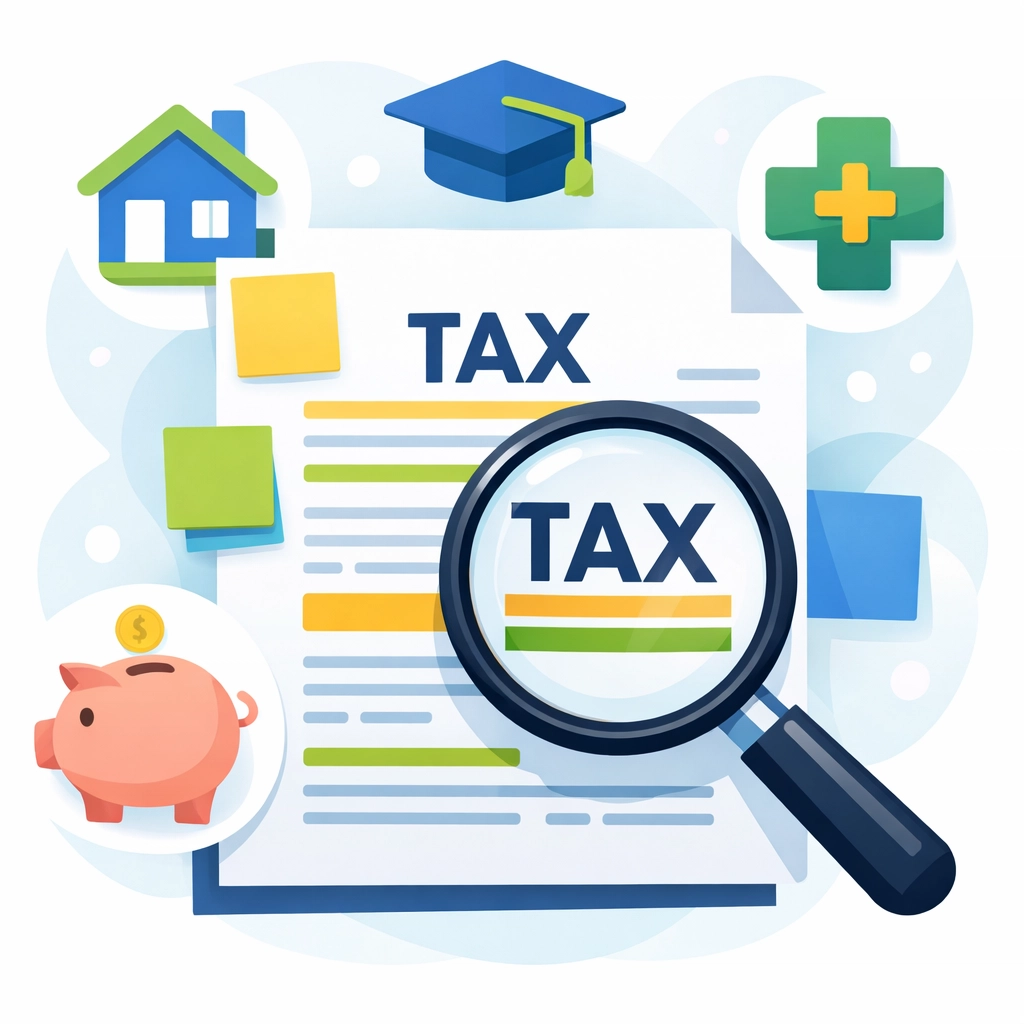 Magnifying glass examining tax documents to find deductions and maximize tax refunds