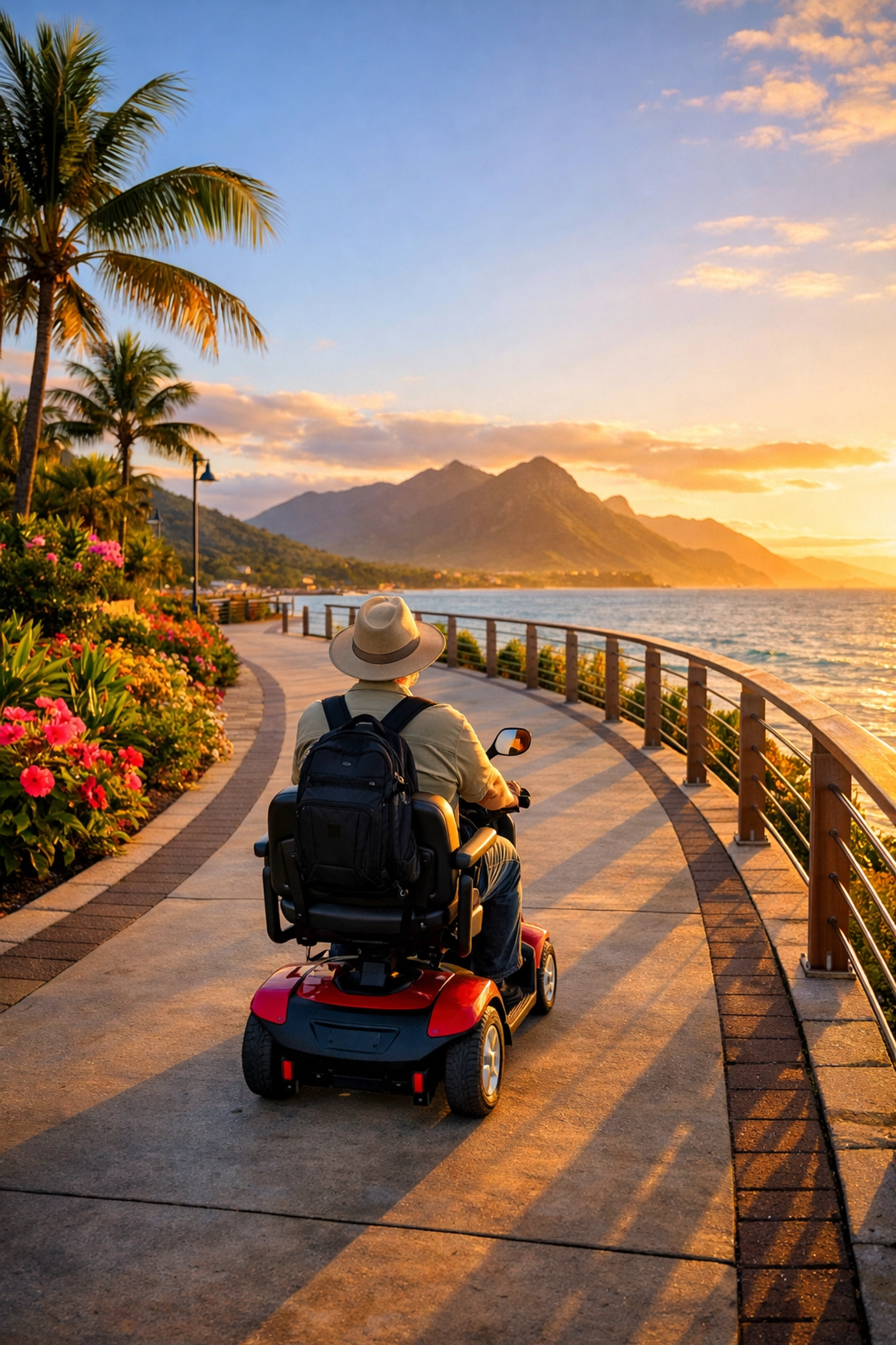 Traveler on mobility scooter exploring accessible boardwalk with ocean views
