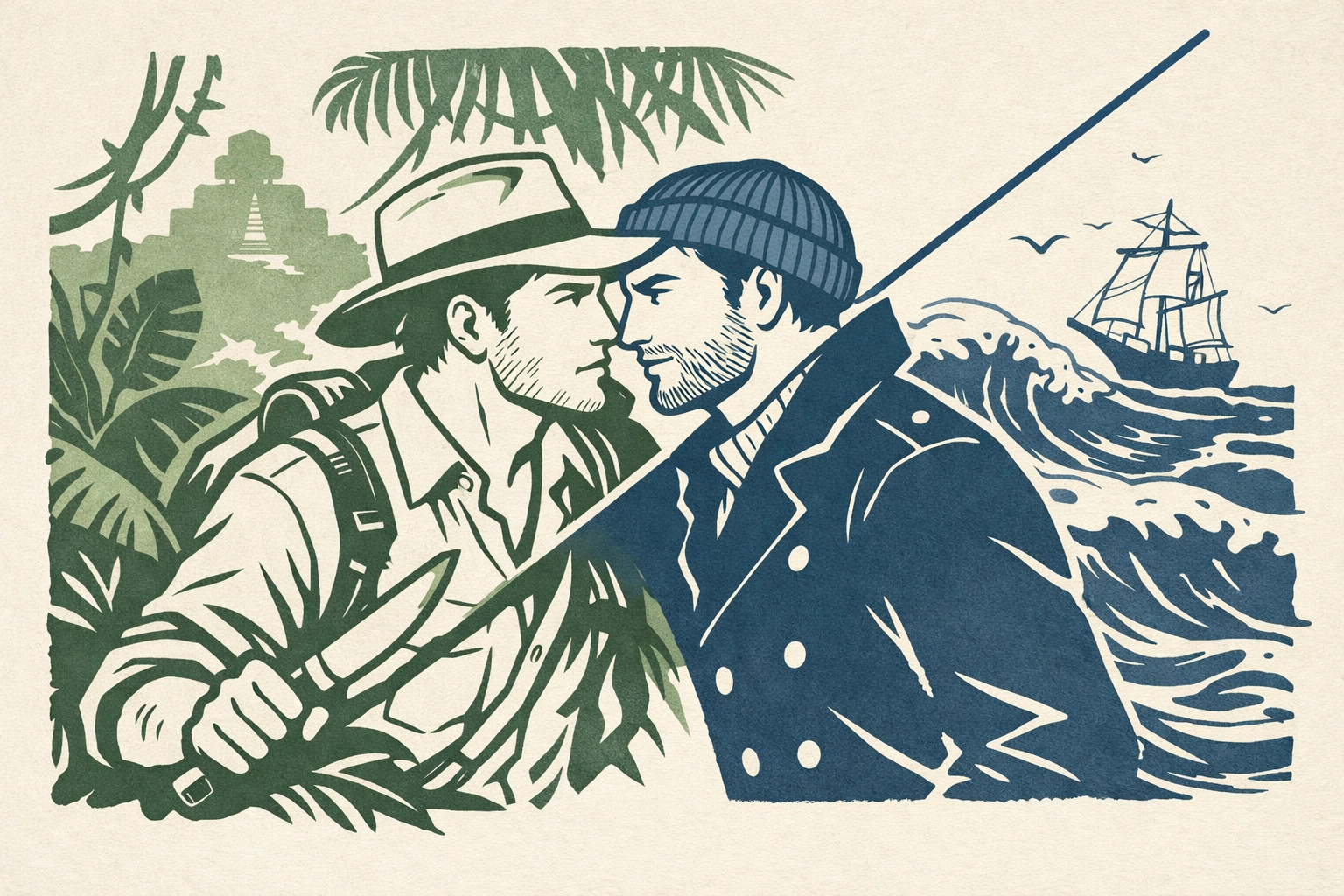 Gay adventure romance: men navigating intimacy in rainforest and maritime settings