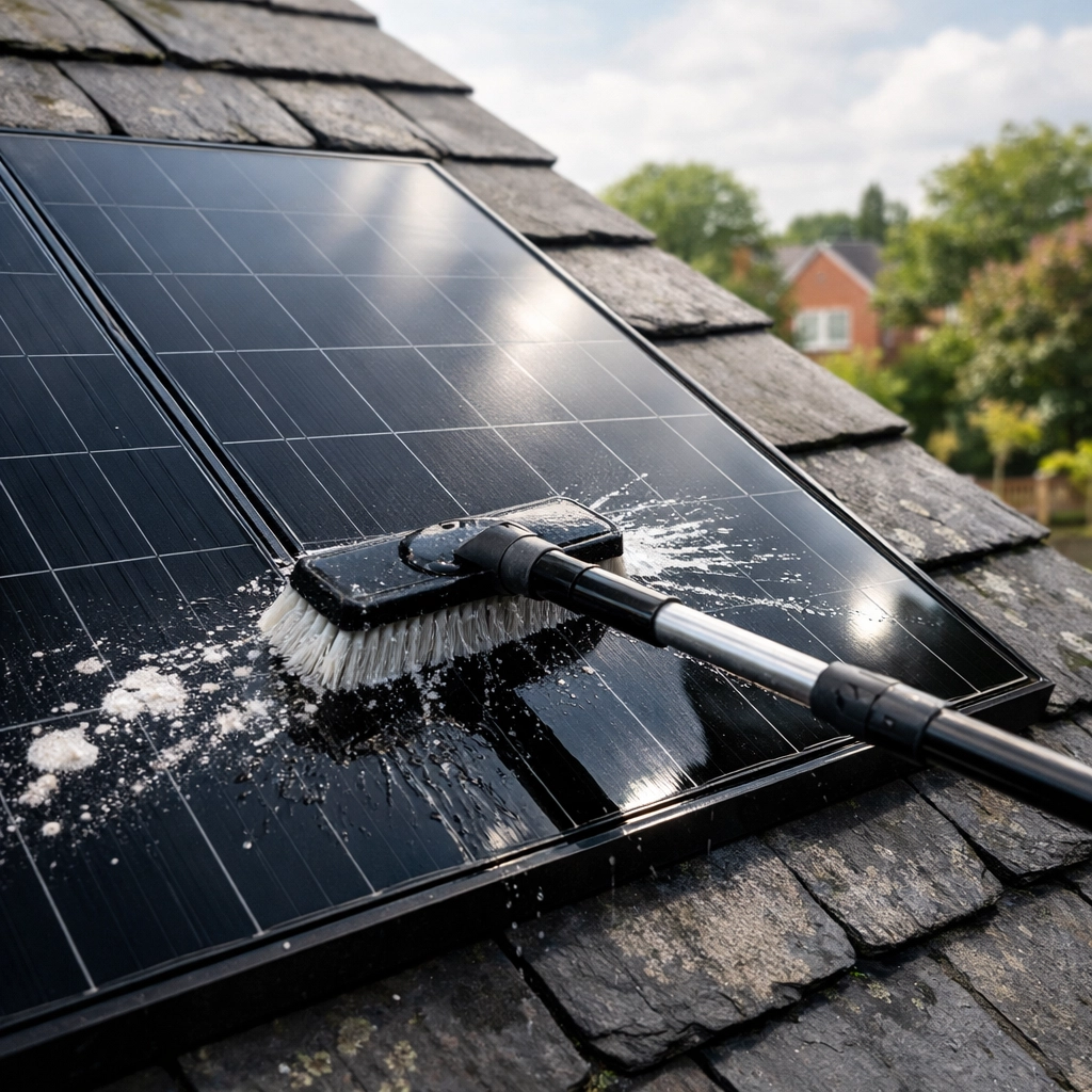 Cleaning black solar panels on a British slate roof to maintain maximum energy efficiency.