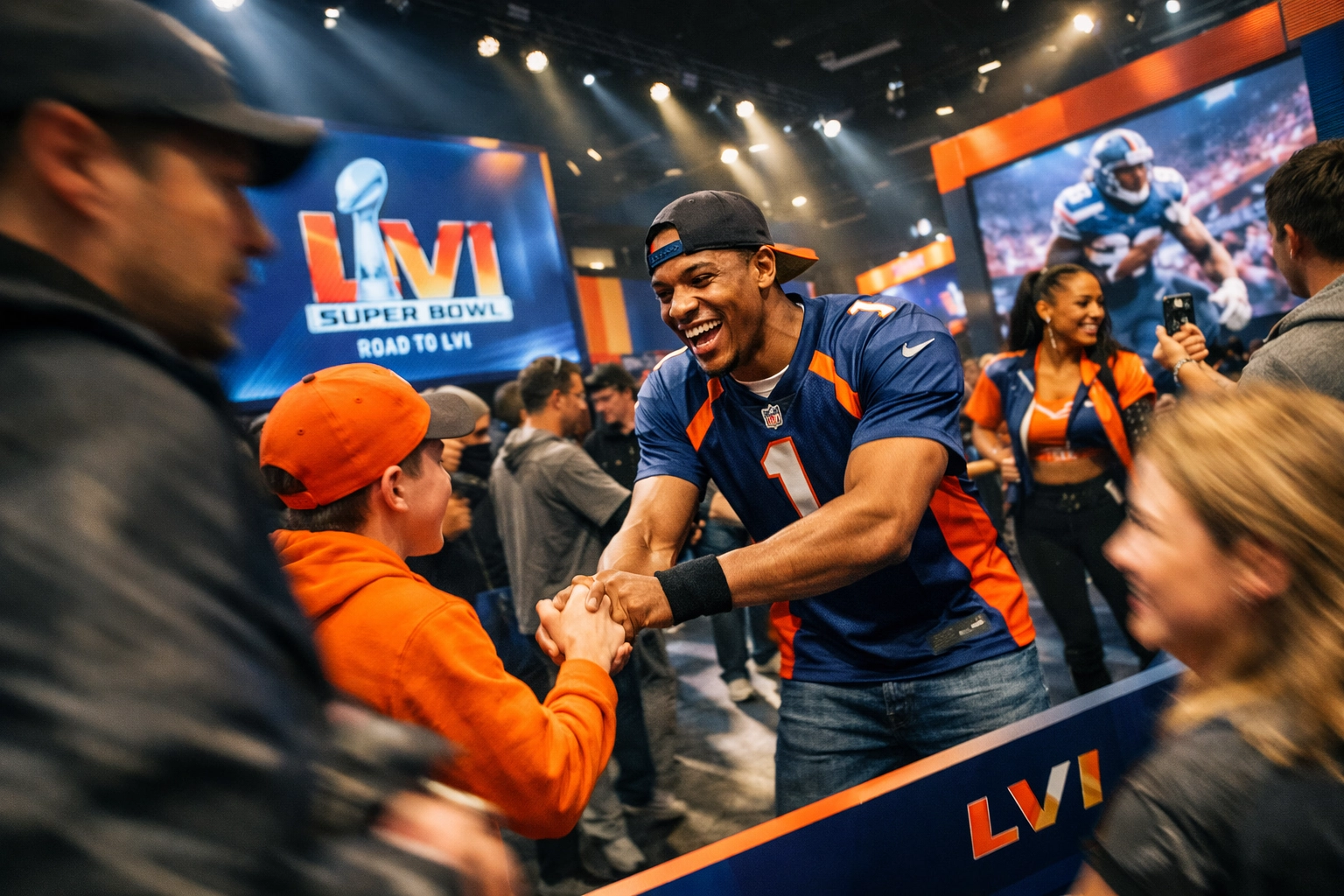 Super Bowl brand activation event with athletes engaging fans through NIL partnership experiences