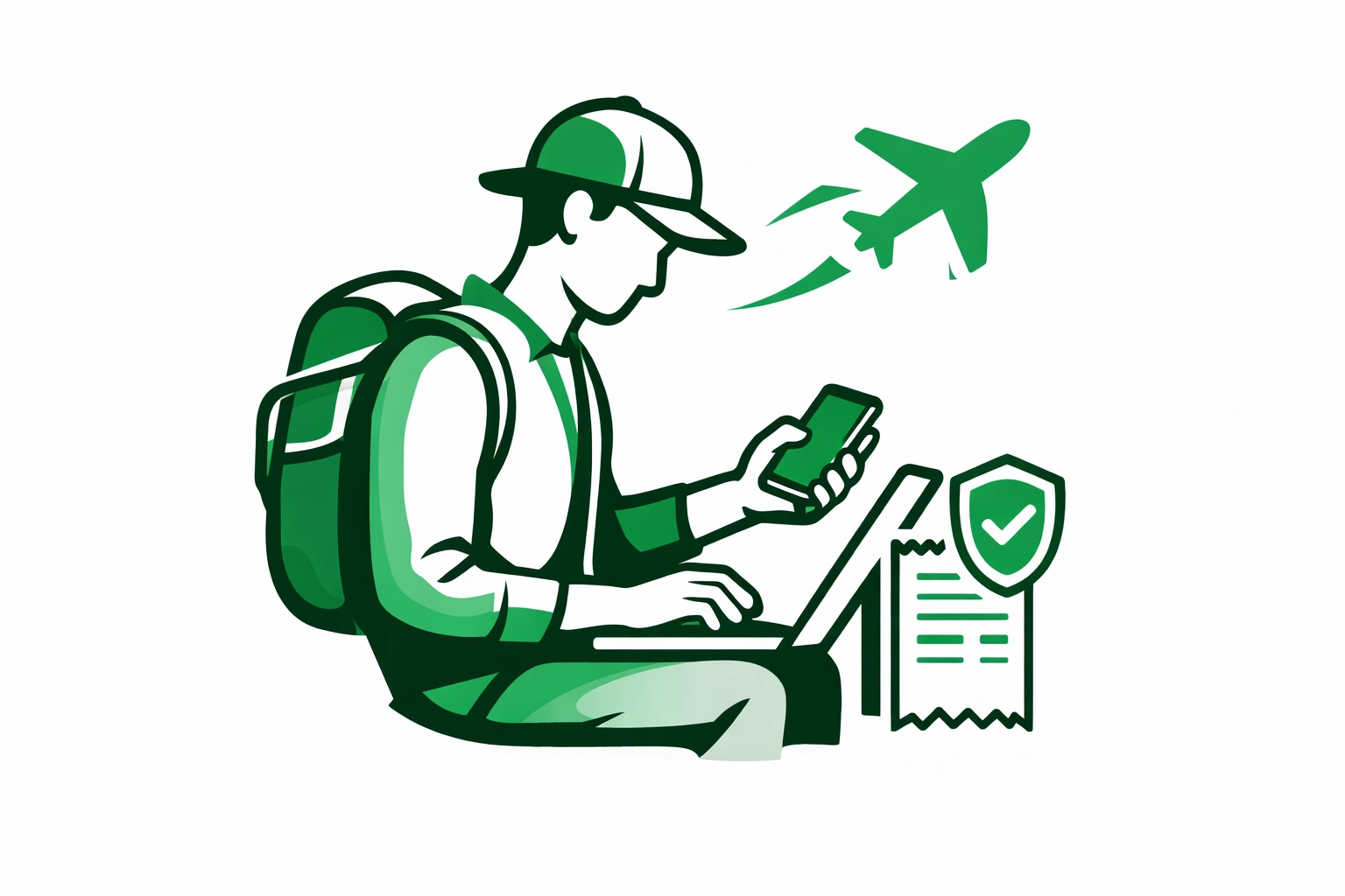 Minimalist green-and-white vector illustration of a traveler with a device and a shield over a receipt to represent automated refund outcomes