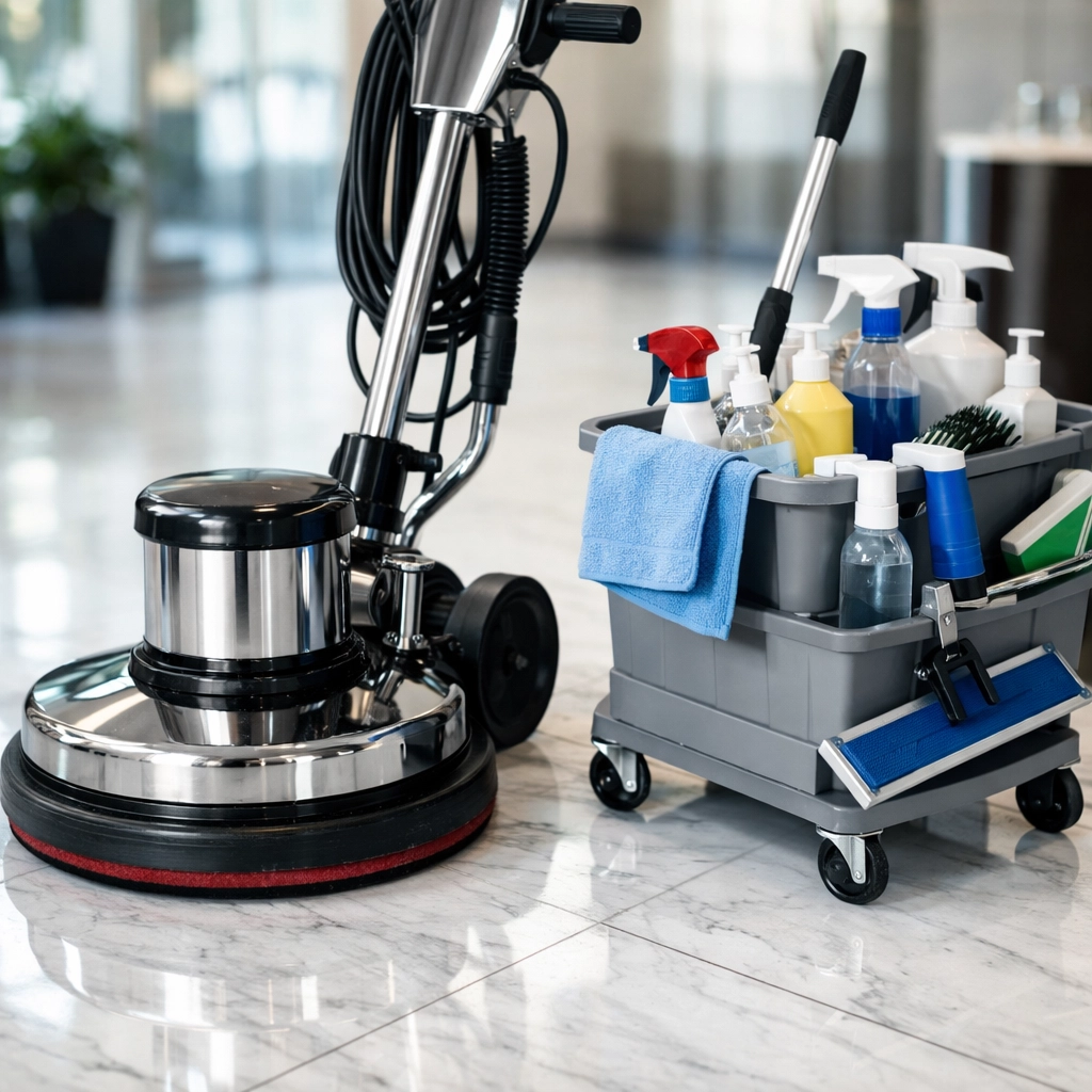 Industrial floor polisher and professional cleaning equipment on a spotless modern marble lobby floor.