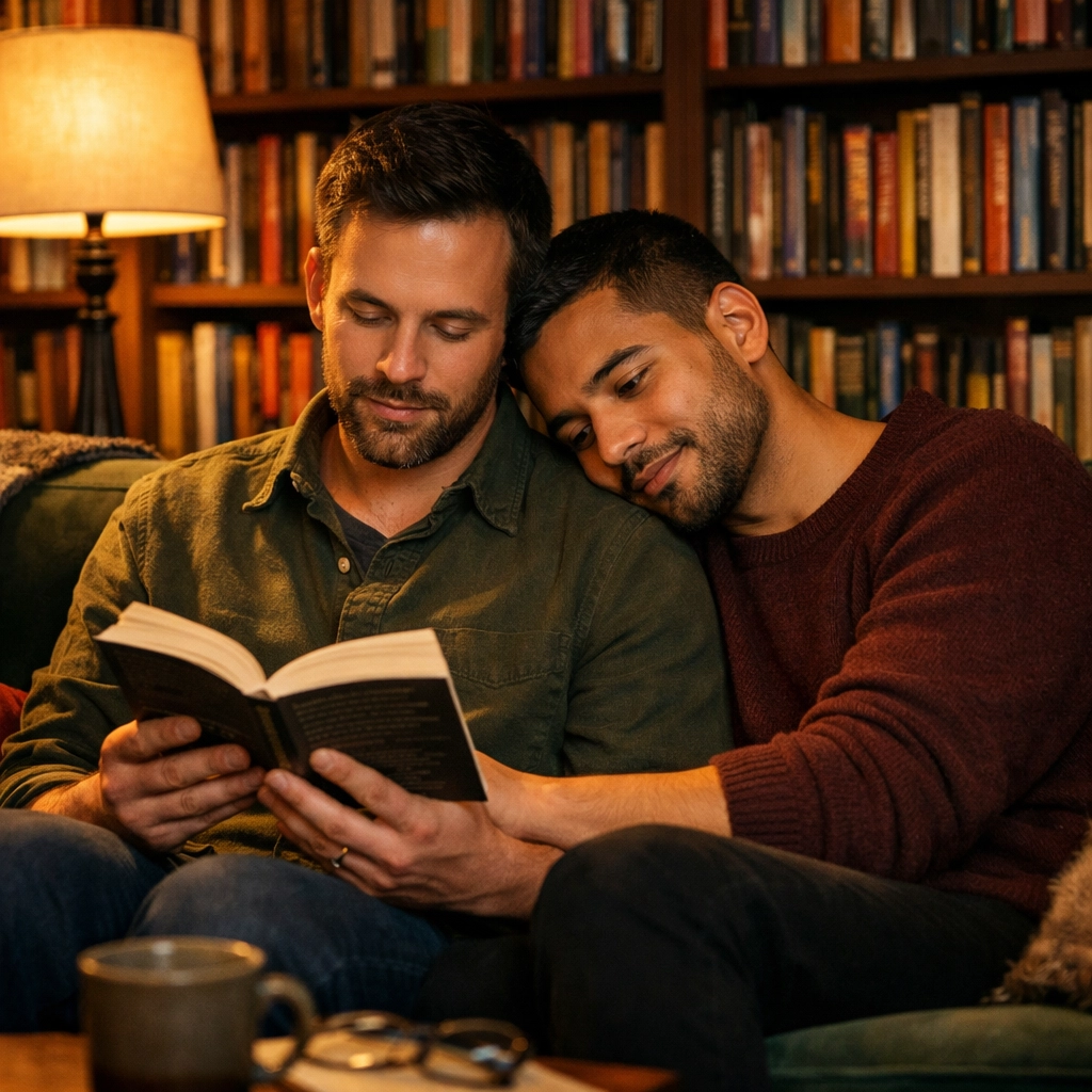 Two men reading an MM romance book together on a sofa, celebrating gay literature and found family connections.