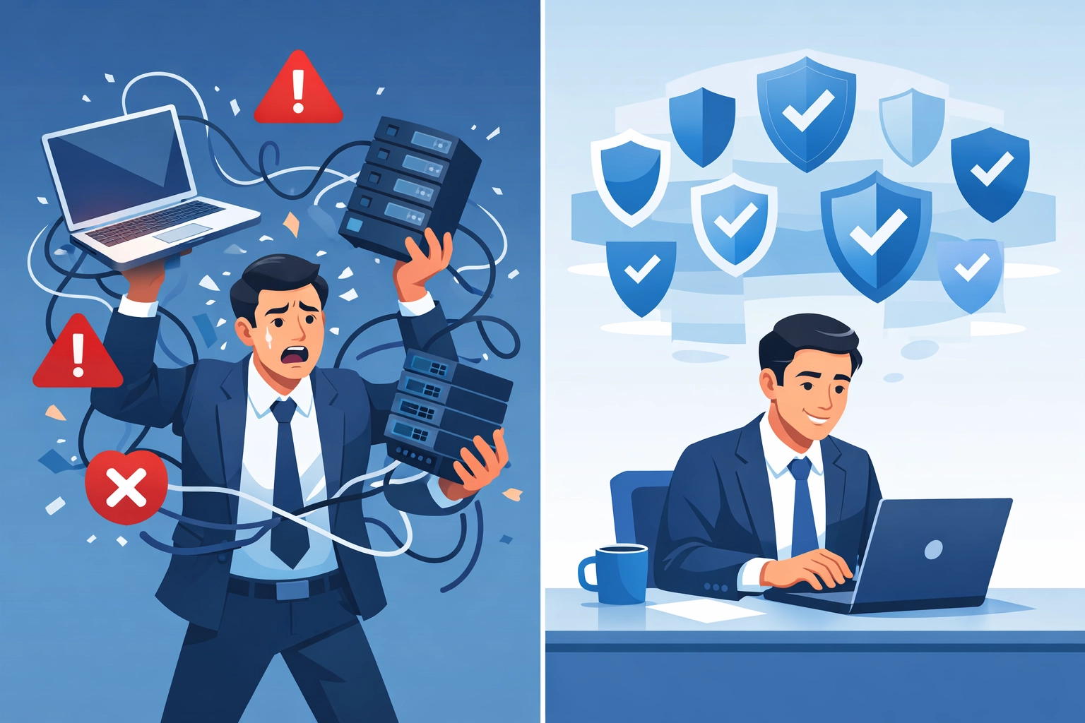 Business professional overwhelmed by IT chaos versus calm productivity with managed IT support