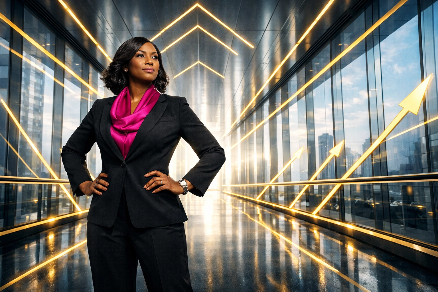 Empowered financial coach standing in a modern office representing business growth and success.