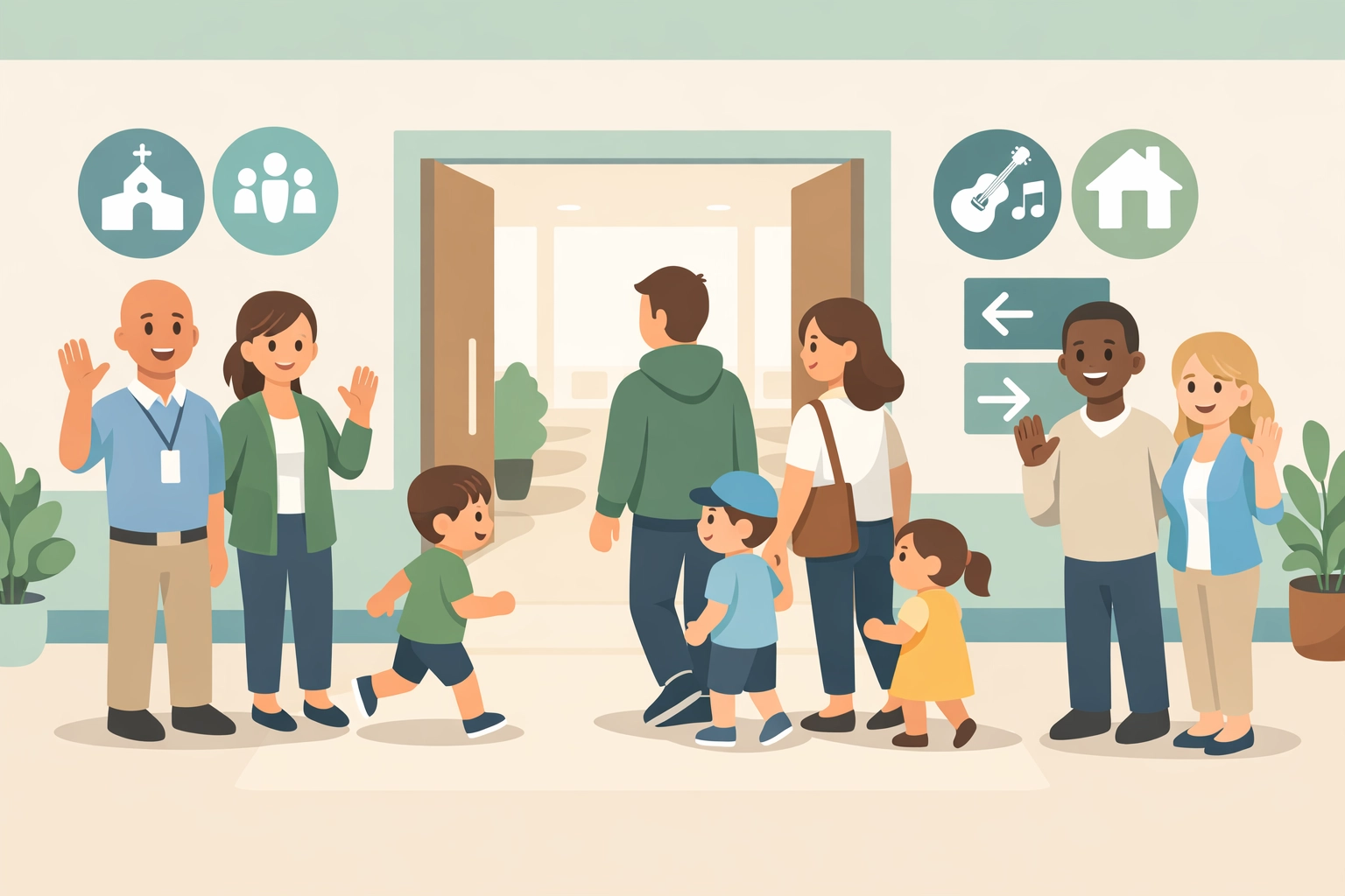 Adults and kids chat and smile near the entry hallway as greeters welcome people in and help them find their way.