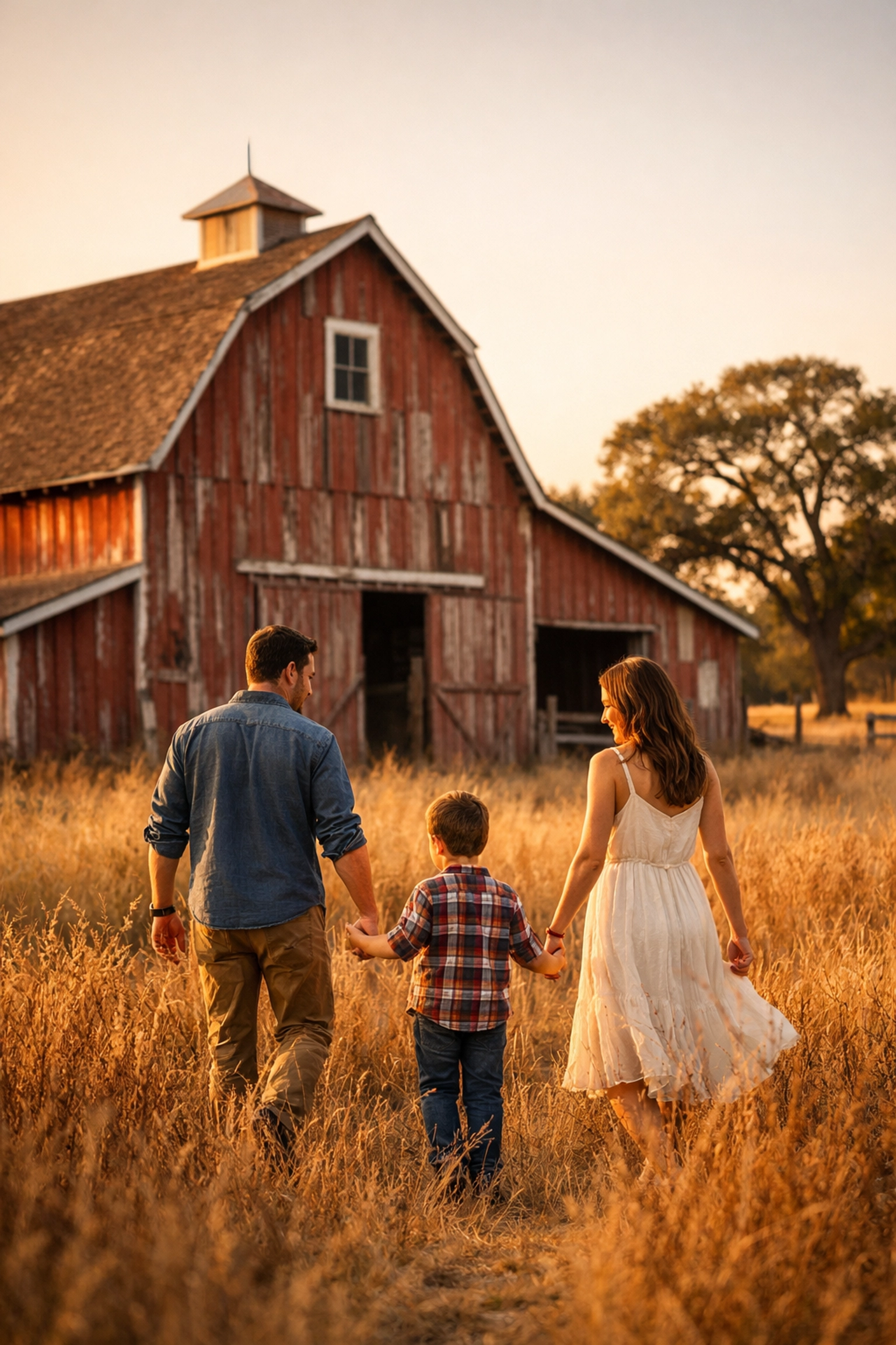 Family walking toward a historic red barn, one of the best photo spots for golden hour portraits.