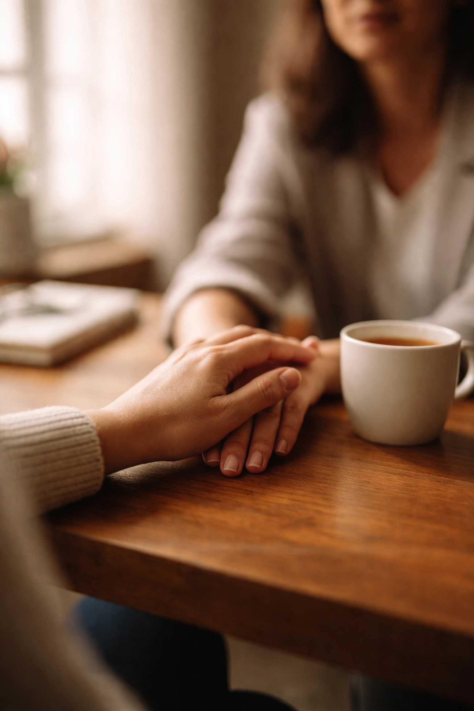 Két kéz ér össze egy asztalon, bizalmi támogatást és szakmai segítséget szimbolizálva a leszokáshoz.