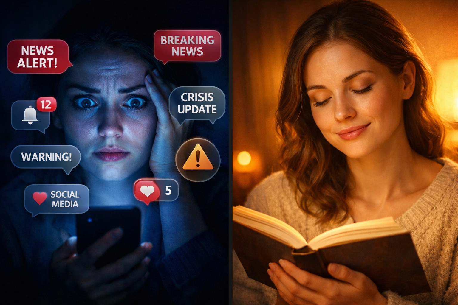 Contrast between anxious phone scrolling and peaceful reading with book in warm light