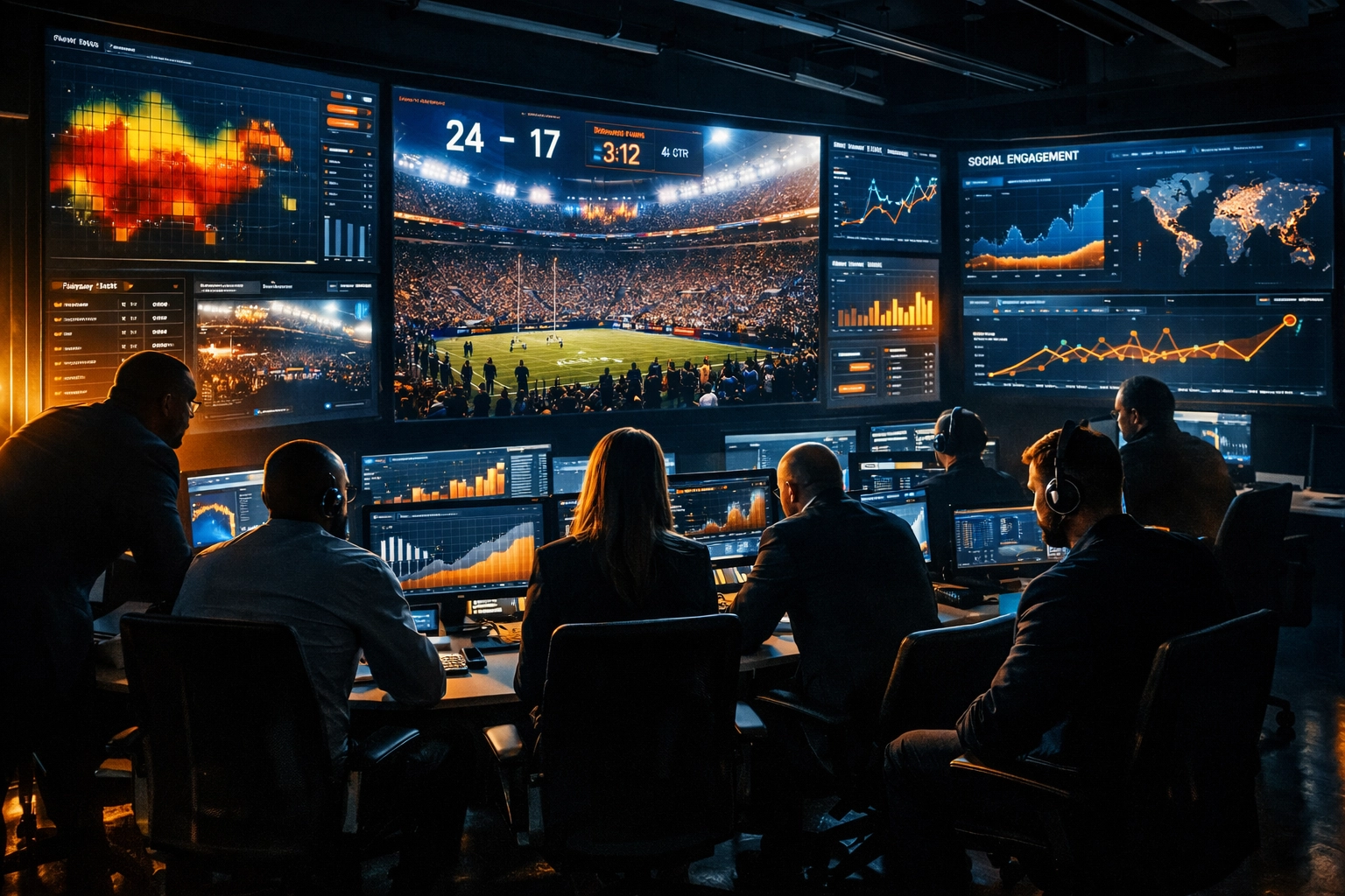 CMOs and data analysts in a marketing war room tracking real-time Super Bowl engagement metrics.