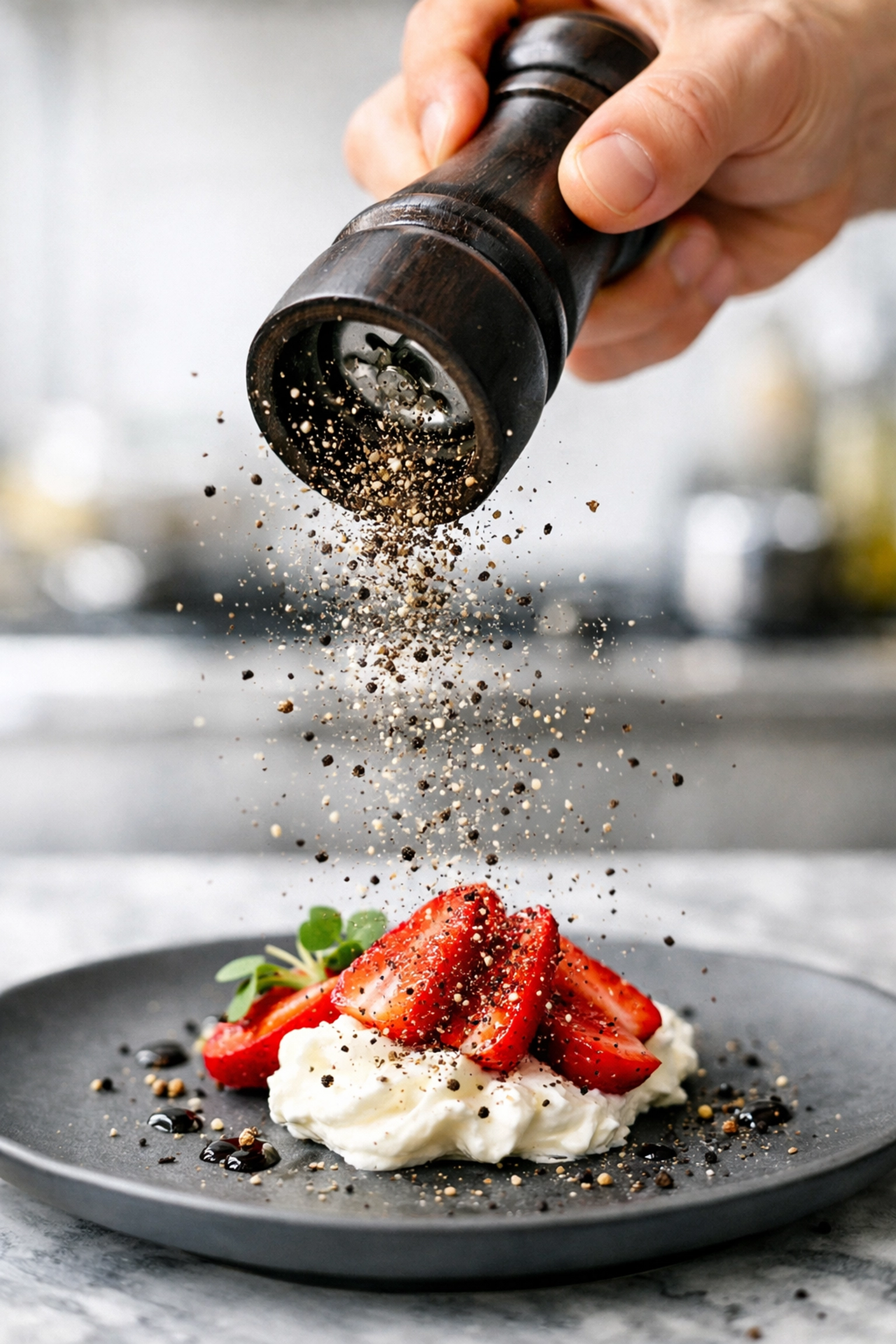 Freshly cracked black pepper being ground over a gourmet dessert of strawberries and cream in a modern kitchen.