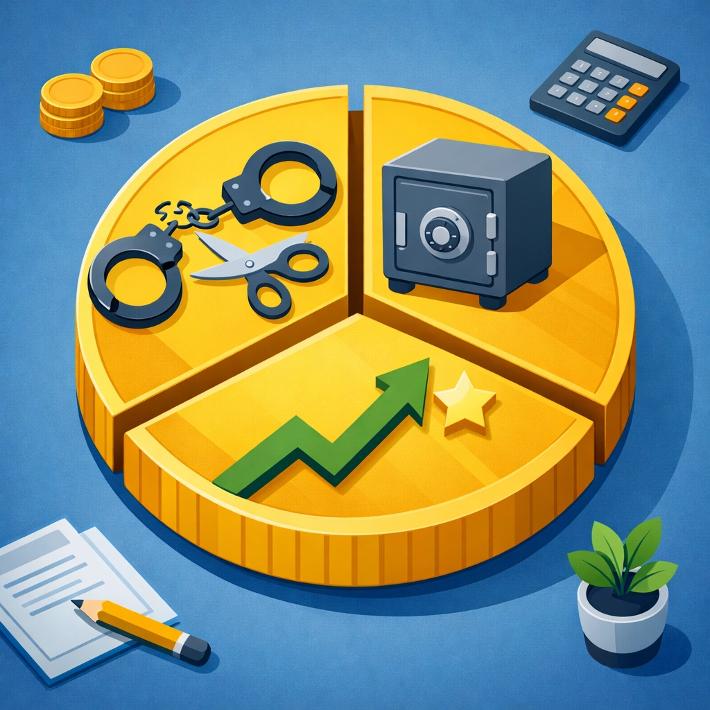 Strategic tax refund plan dividing money into debt repayment, emergency savings, and financial goals.