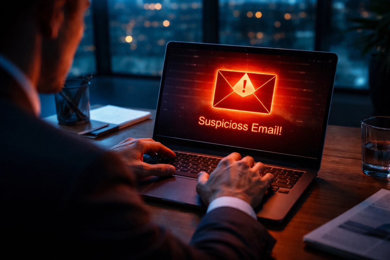 Business professional hesitating before opening a suspicious email, highlighting phishing risks and importance of BIMI.