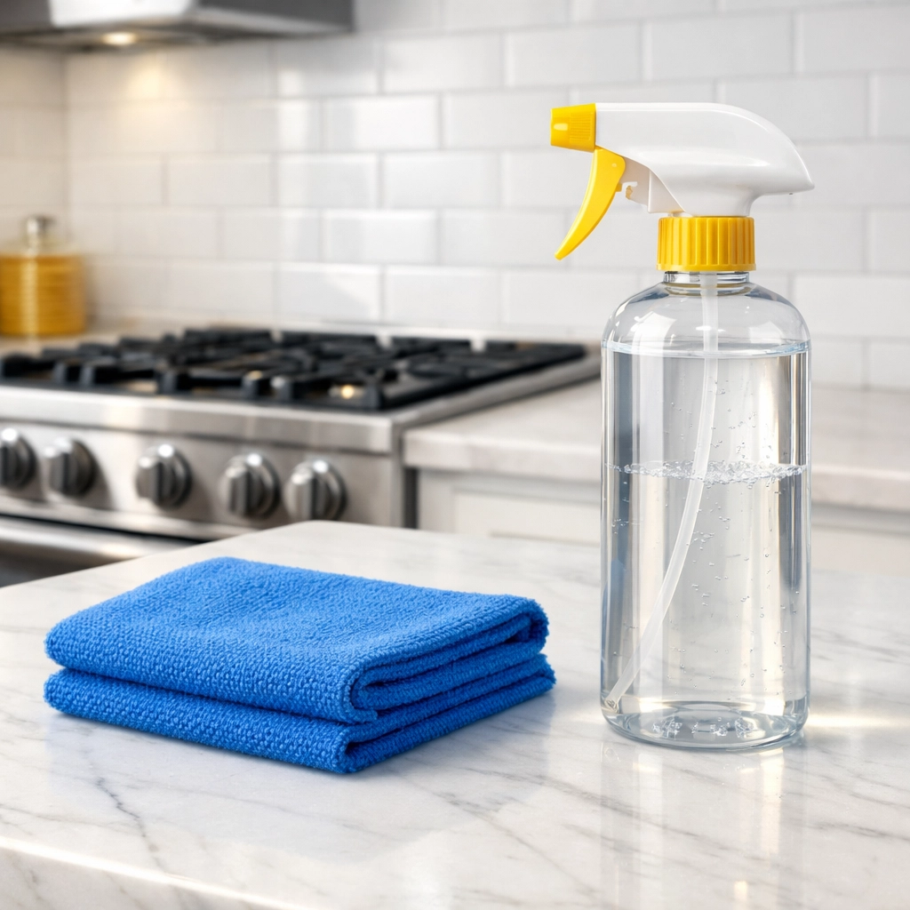 Non-toxic cleaning supplies on a residue-free marble kitchen countertop in a Stow residence.