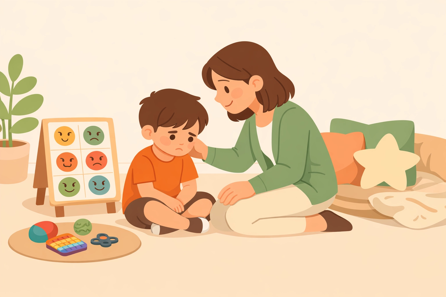 Compassionate behavior therapist providing emotional support to overwhelmed child