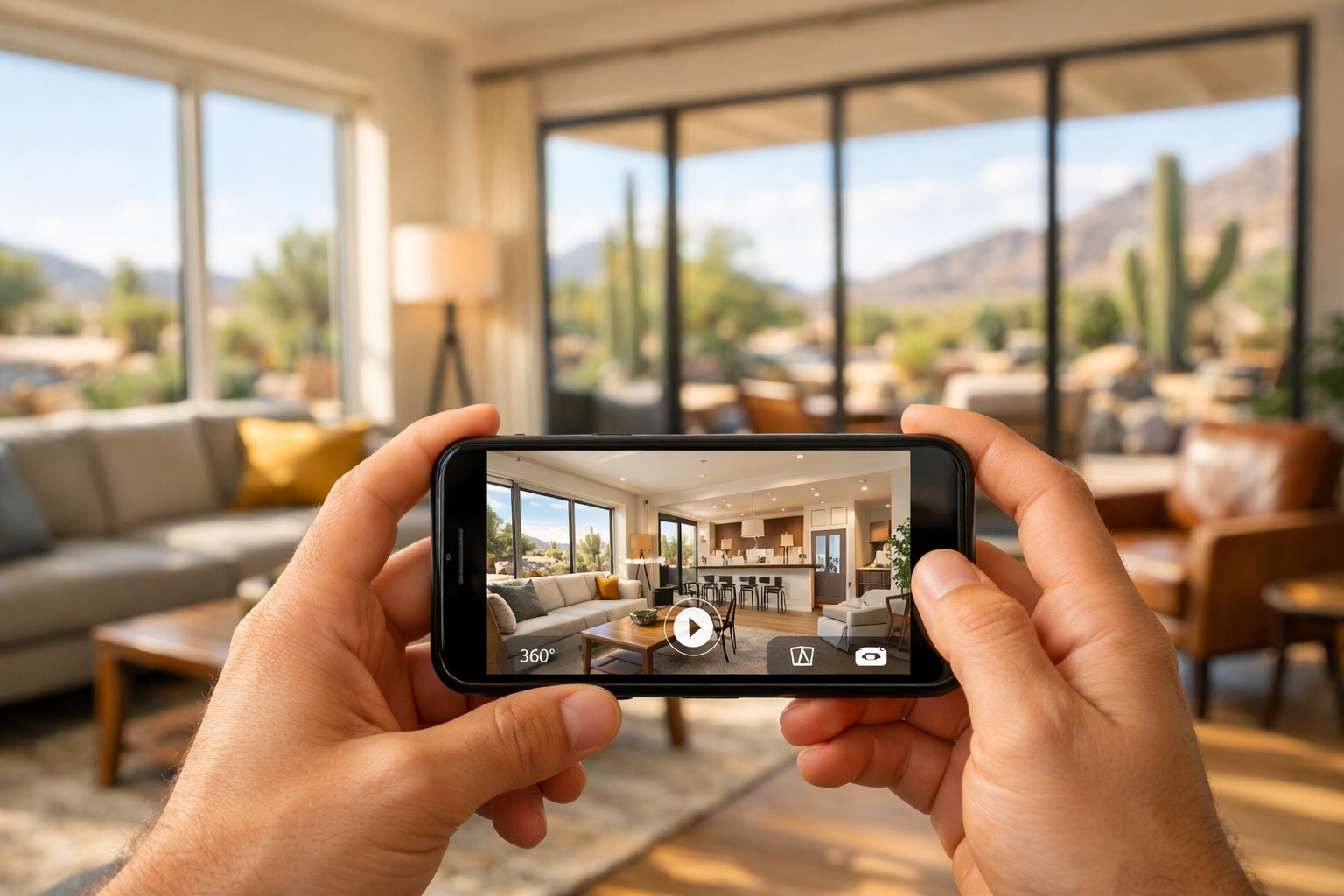 Smartphone displaying virtual home tour with modern living room in background