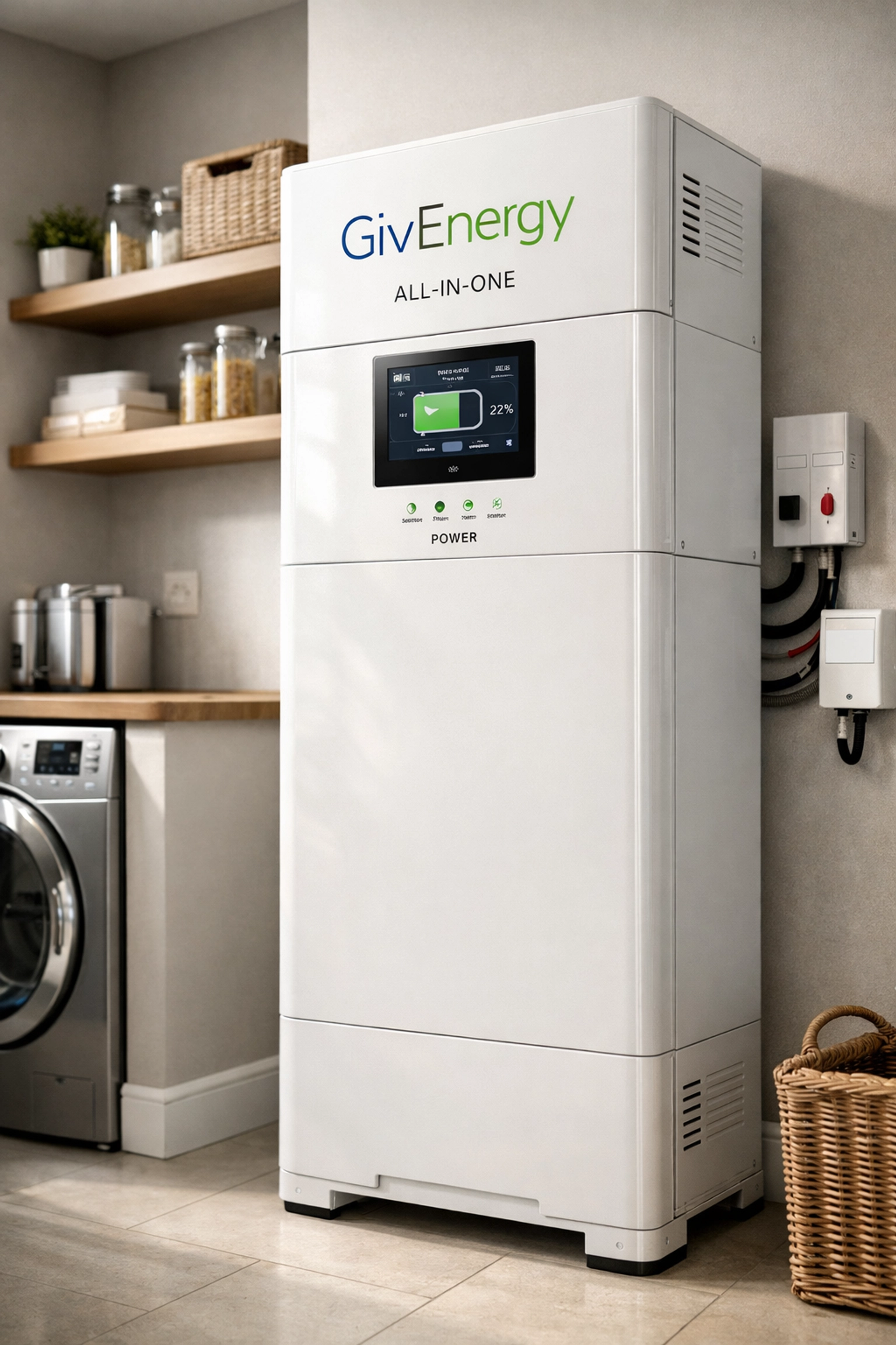GivEnergy All-In-One solar battery system installed in a UK utility room providing smart energy storage.