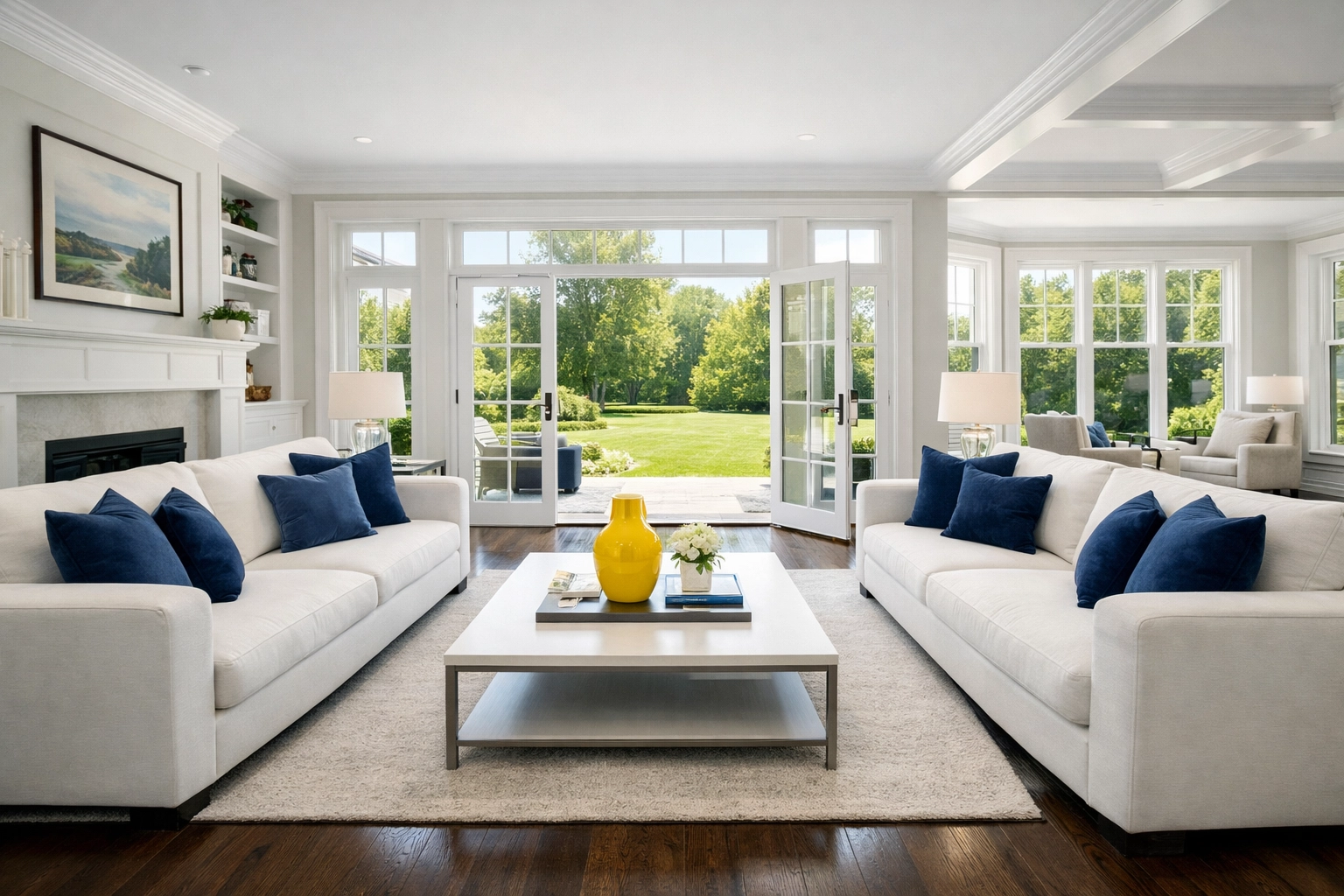 Spotless suburban living room with hardwood floors after professional house cleaning services MA.