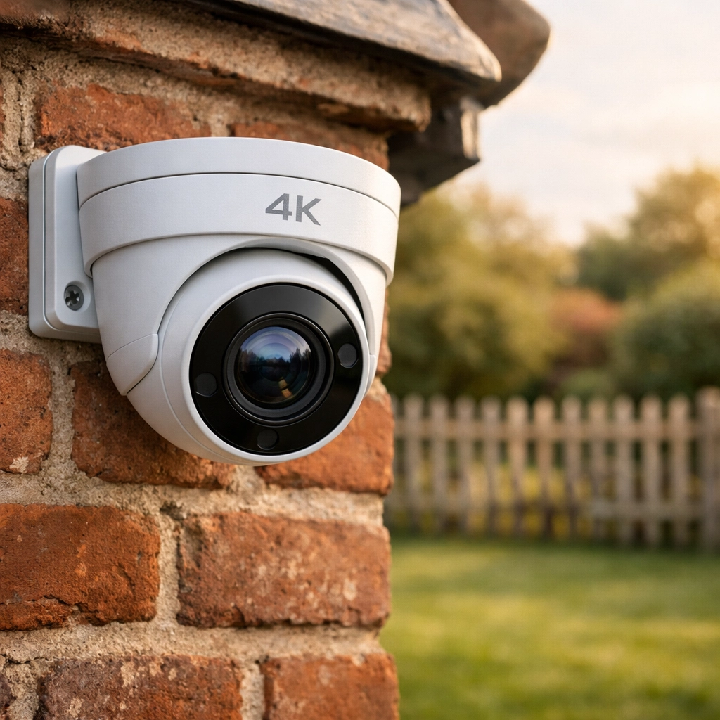 Professional 4K CCTV installation on a red brick home in Ross-on-Wye for advanced security.