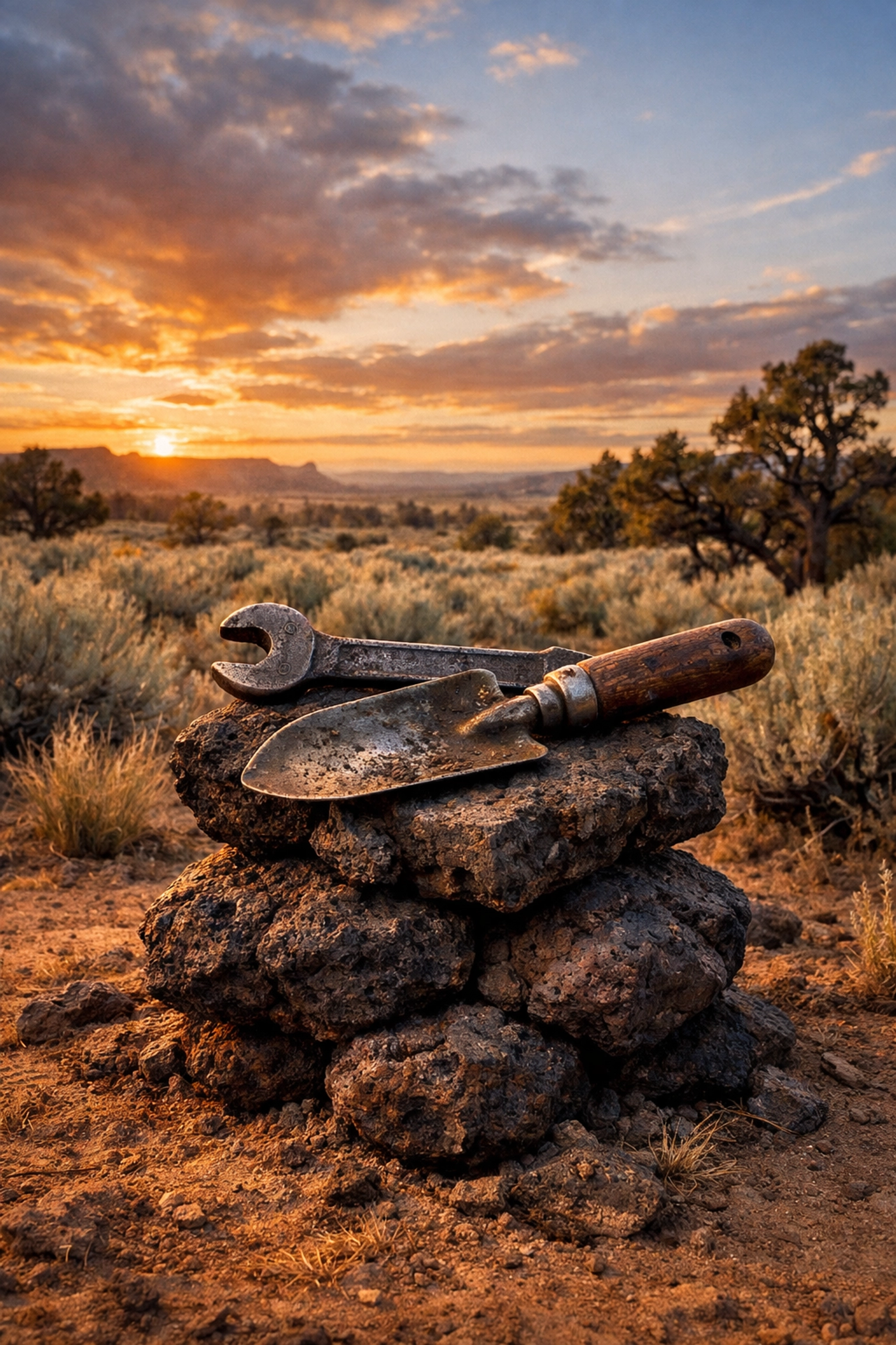 Hand-forged tools on volcanic rocks symbolizing tangible assets for a rock rich retirement plan.