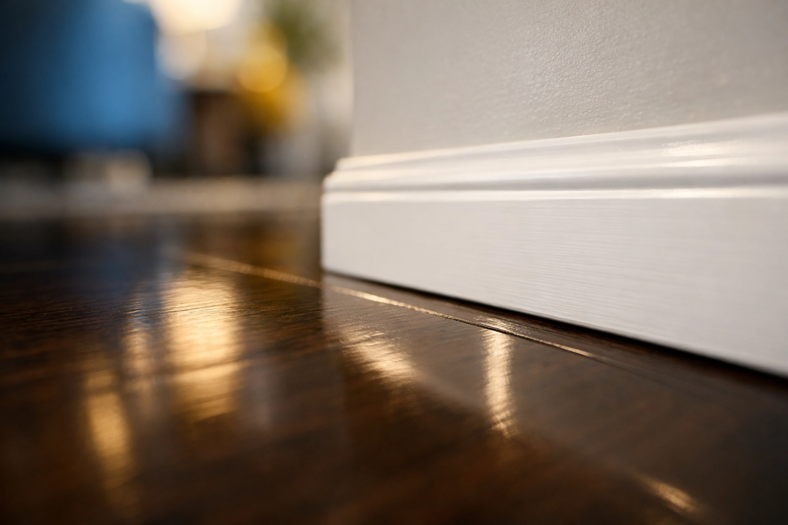 Close-up of dust-free white baseboards and polished dark wood floors from a professional residential cleaning in Stow.