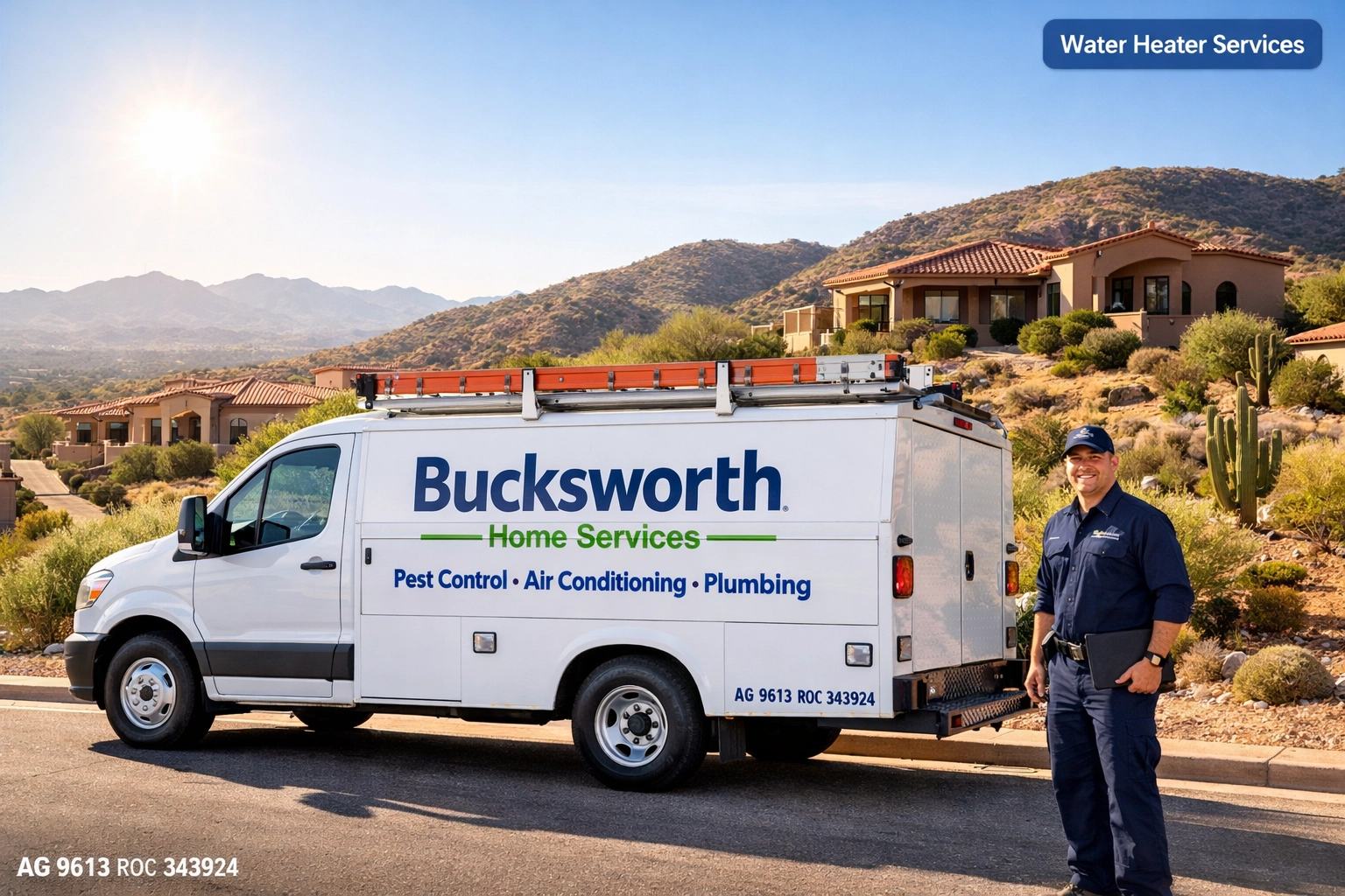 Bucksworth Home Services truck providing reliable water heater services in Fountain Hills, Arizona.