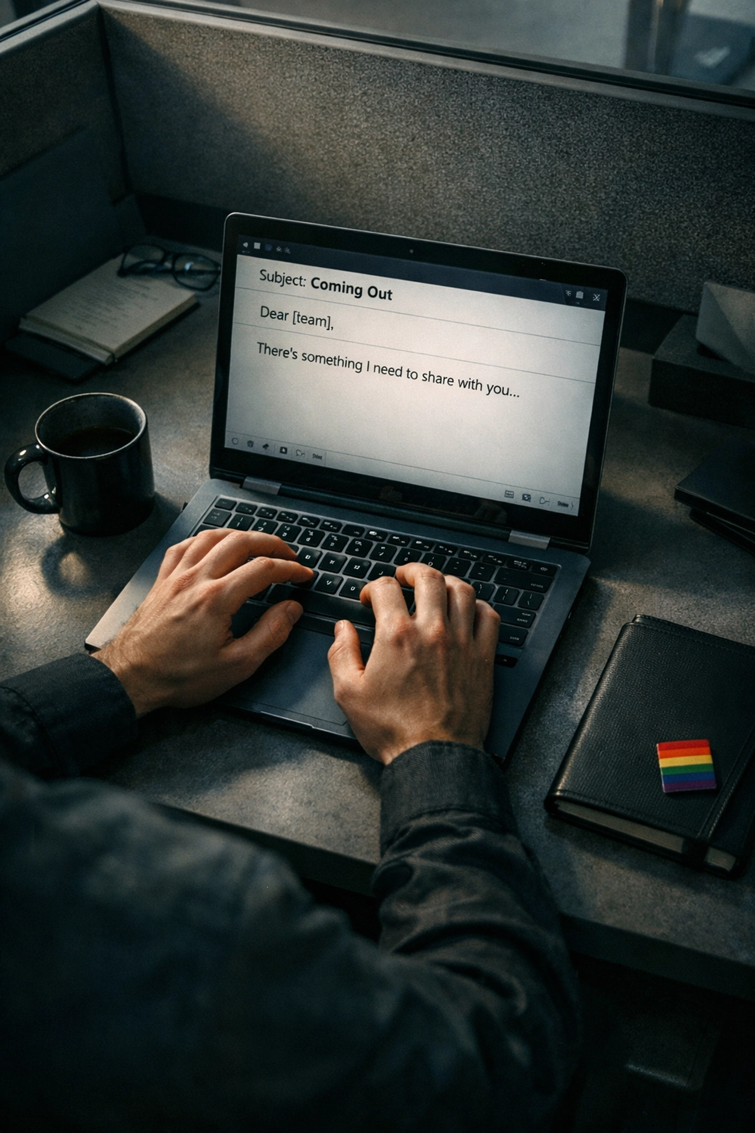 Person drafting coming out email at office desk with rainbow pride pin, LGBTQ workplace anxiety