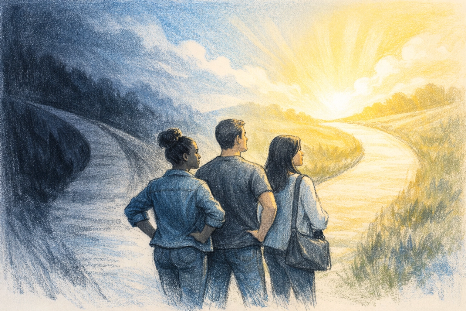 Diverse group turning from dark path toward light, illustrating repentance and choosing faith over sin