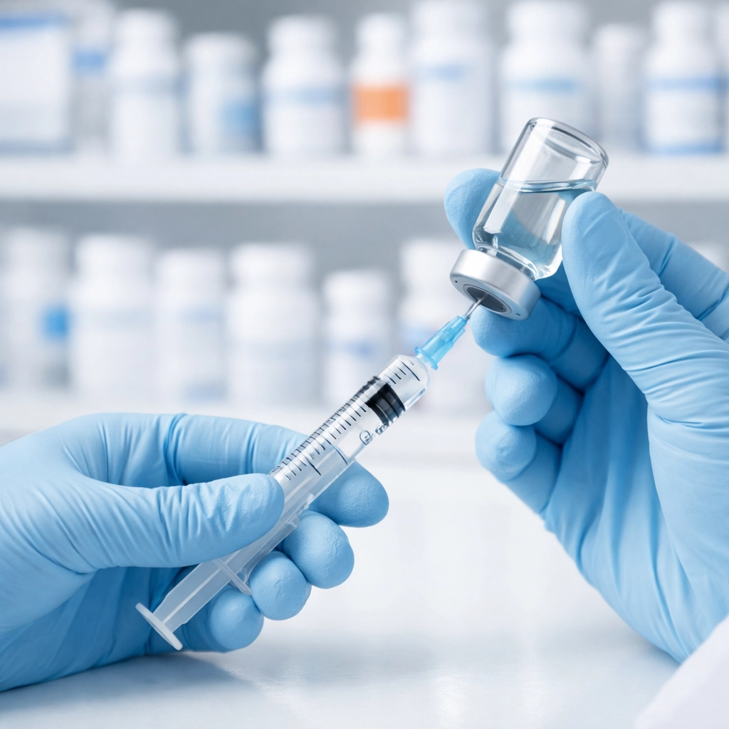 Pharmacist preparing compounded weight loss medication in sterile environment