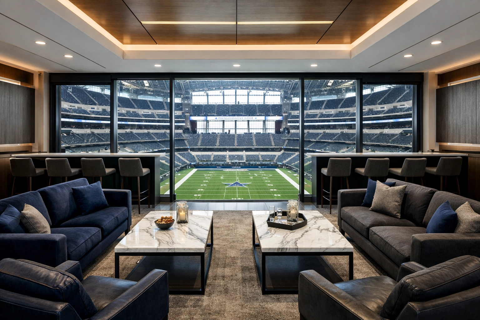 Luxury Super Bowl executive suite with high-end designer seating for premium corporate brand hosting.