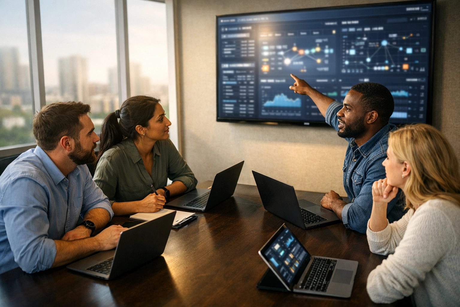 IT professionals discussing ITOM strategies with a ServiceNow implementation partner in a boardroom.