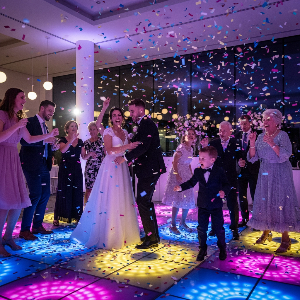 Wedding celebration with dancing guests, colorful confetti, and a lit dance floor. Joyful mood with people smiling and clapping.