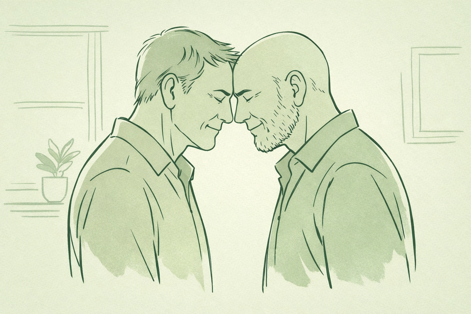 Minimalist illustration of two older gay men sharing an emotional moment of relief after coming out later in life.